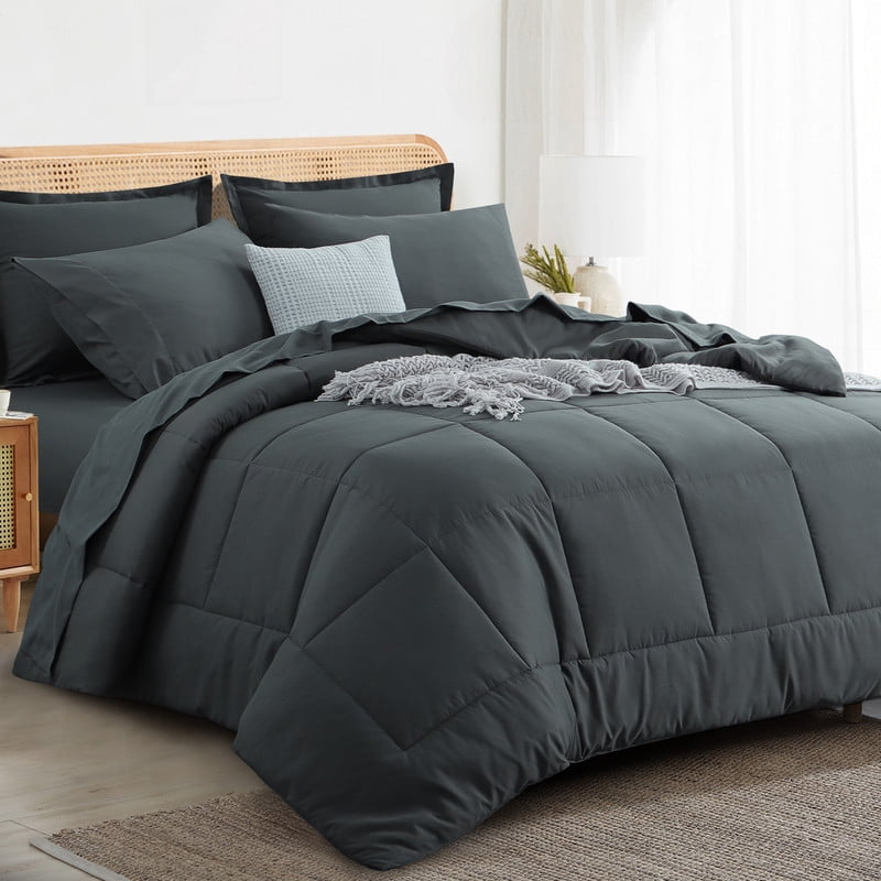 Fluffy Down Alternative 7 Pieces Comforter Set with Sheets - Bed in a Bag with Comforter and All Season Sheets, Pillowcases,Dark Gray,Queen - Cloud-Like Soft Lightweight Bed Comforter Detail