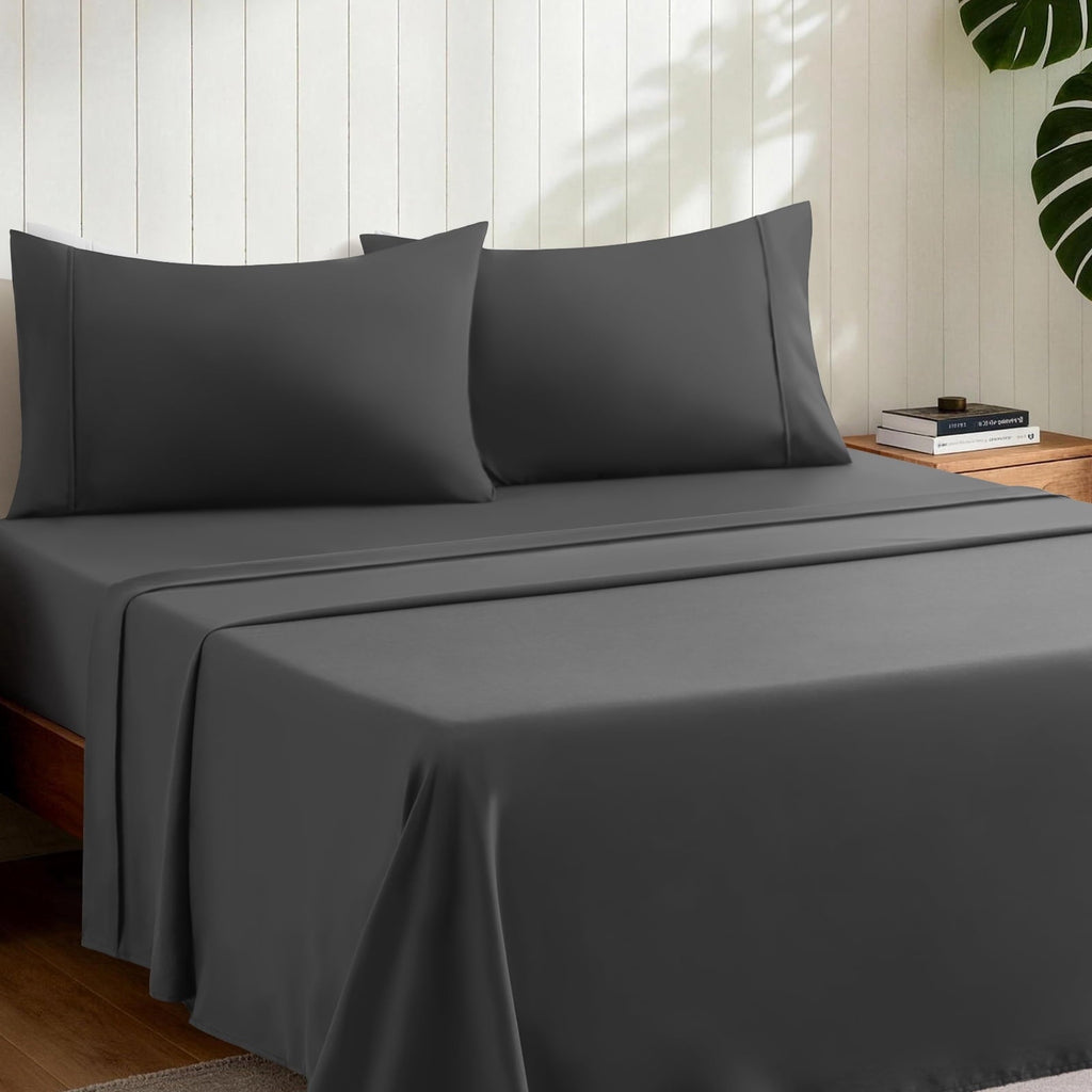 Wrinkle-Resistant Sheets,Soft Hotel Luxury Polyester Washed Cotton,4 Piece Sheets Set,with 14" Deep Pocket,Dark Gray - Premium Ultra-Soft Pillowcase Pair for Sleeping Detail