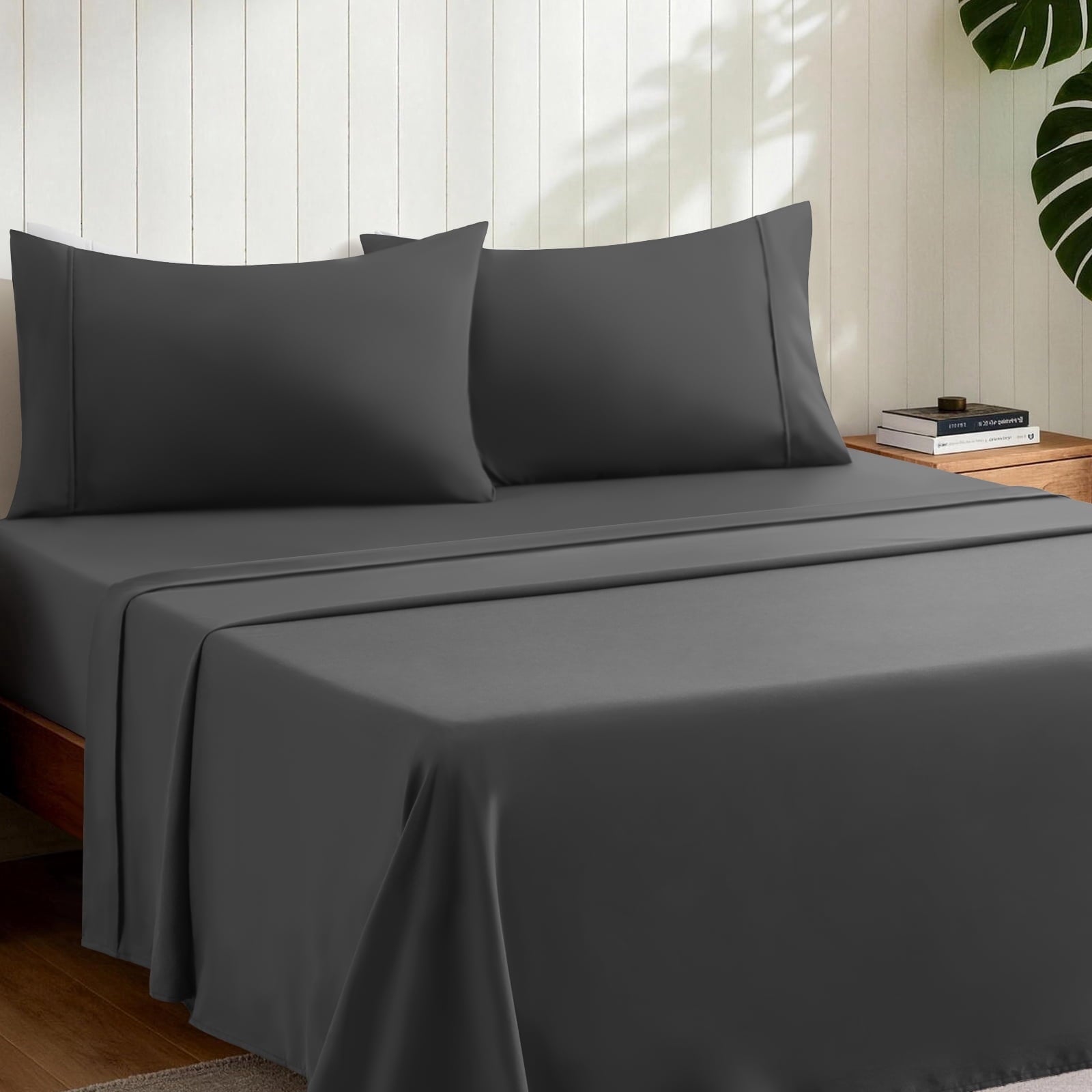 Wrinkle-Resistant Sheets,Soft Hotel Luxury Polyester Washed Cotton,4 Piece Sheets Set,with 14" Deep Pocket,Dark Gray - Premium Ultra-Soft Pillowcase Pair for Sleeping Detail