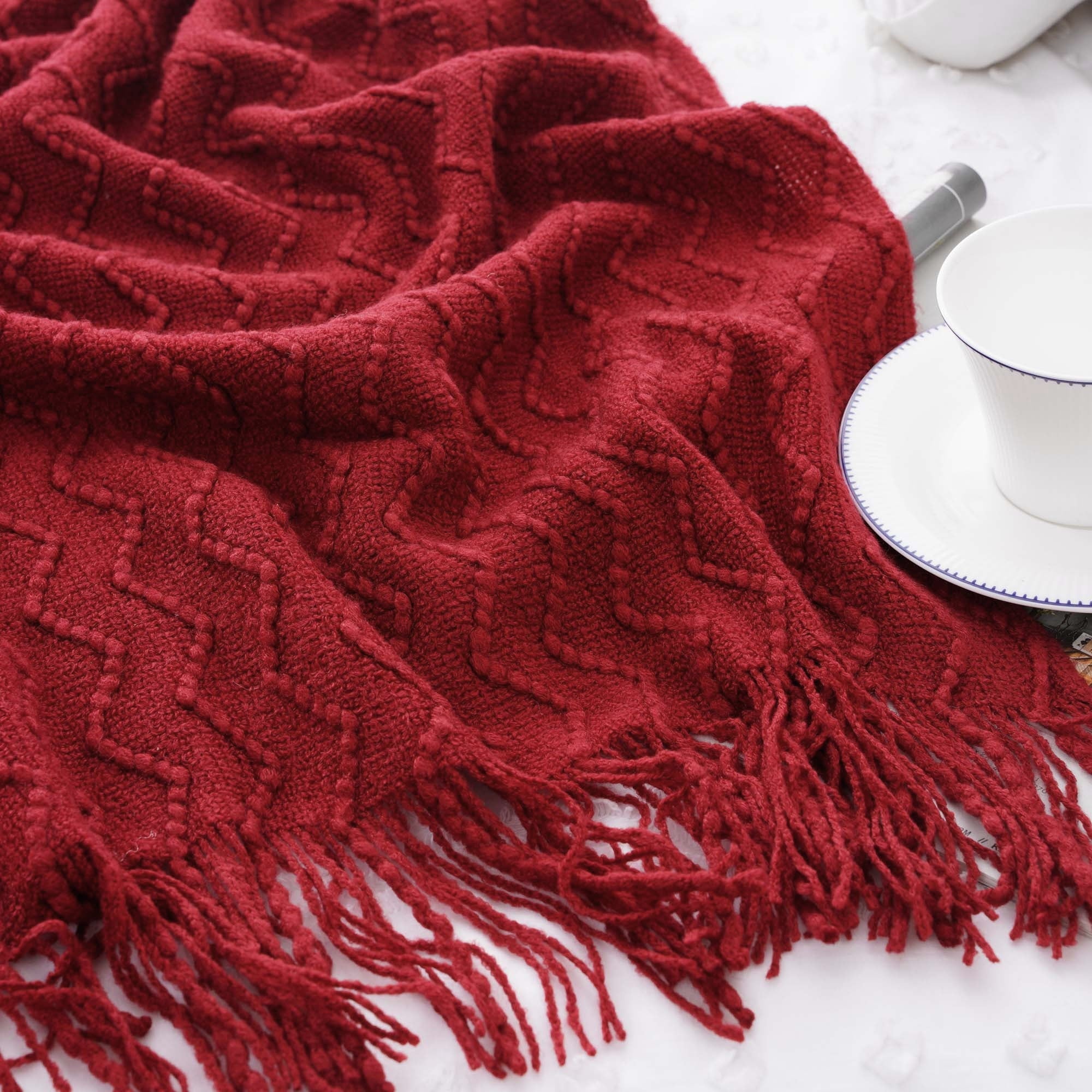 Reversible Sherpa Dark Red Blanket for Couch,Burgundy Knit Throw Blanket for Bedroom,Christmas Throw,50"x60" - Luxury Knitted Decorative Throw Blanket with Fringes Detail