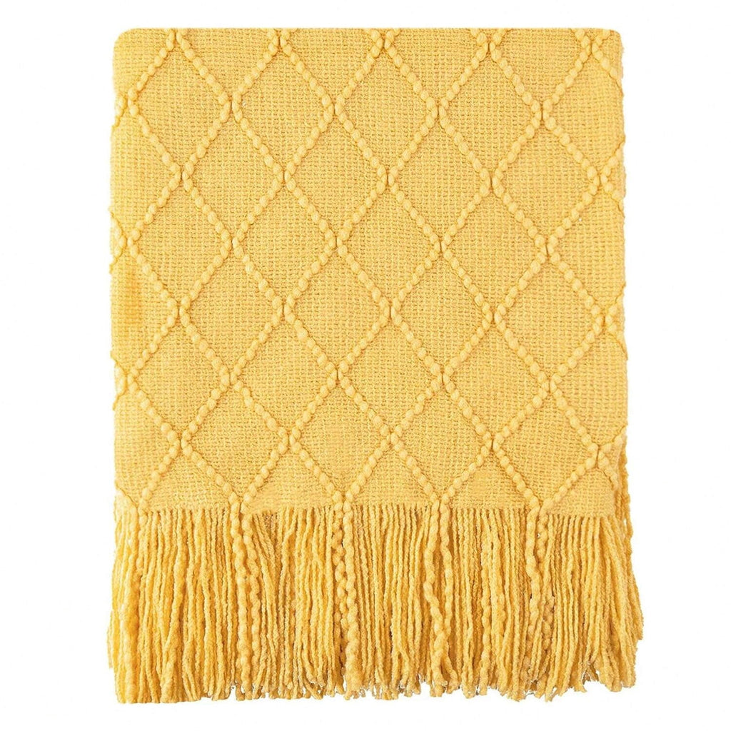 Super Soft Flannel Mustard Throw Blanket for Couch,Gold Yellow Knit Throw with Fringe,Outdoor Throw ,50"x60" - Luxury Knitted Decorative Throw Blanket with Fringes Detail