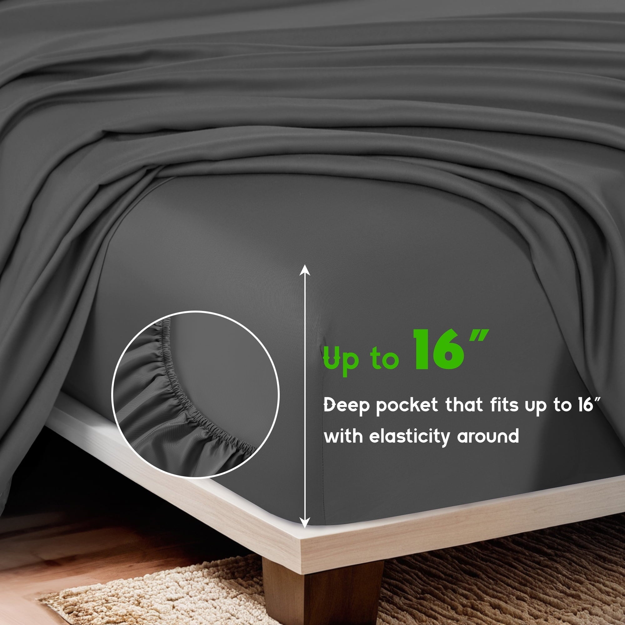 Cooling Sateen Luxury Bamboo Bed Sheet Set - Deep Pockets - 4 Piece, Queen, Dark Gray - Luxury Bed Sheet Set with Deep Pockets Detail