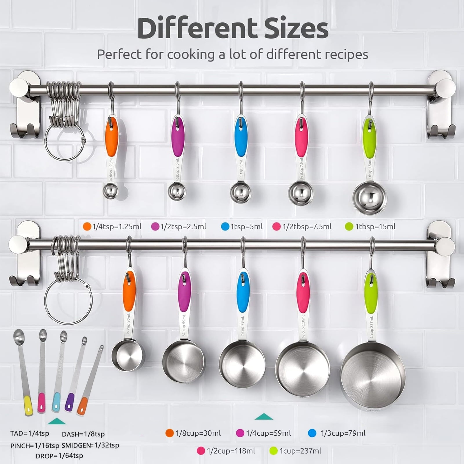 Professional Grade Stainless Steel Measuring Cups and Spoons Set of 15, 5 Stainless Steel Nesting Measuring Cups & 5 Spoons, 5 Mini Meas... - Professional Kitchen Tool for Culinary Enthusiasts Detail