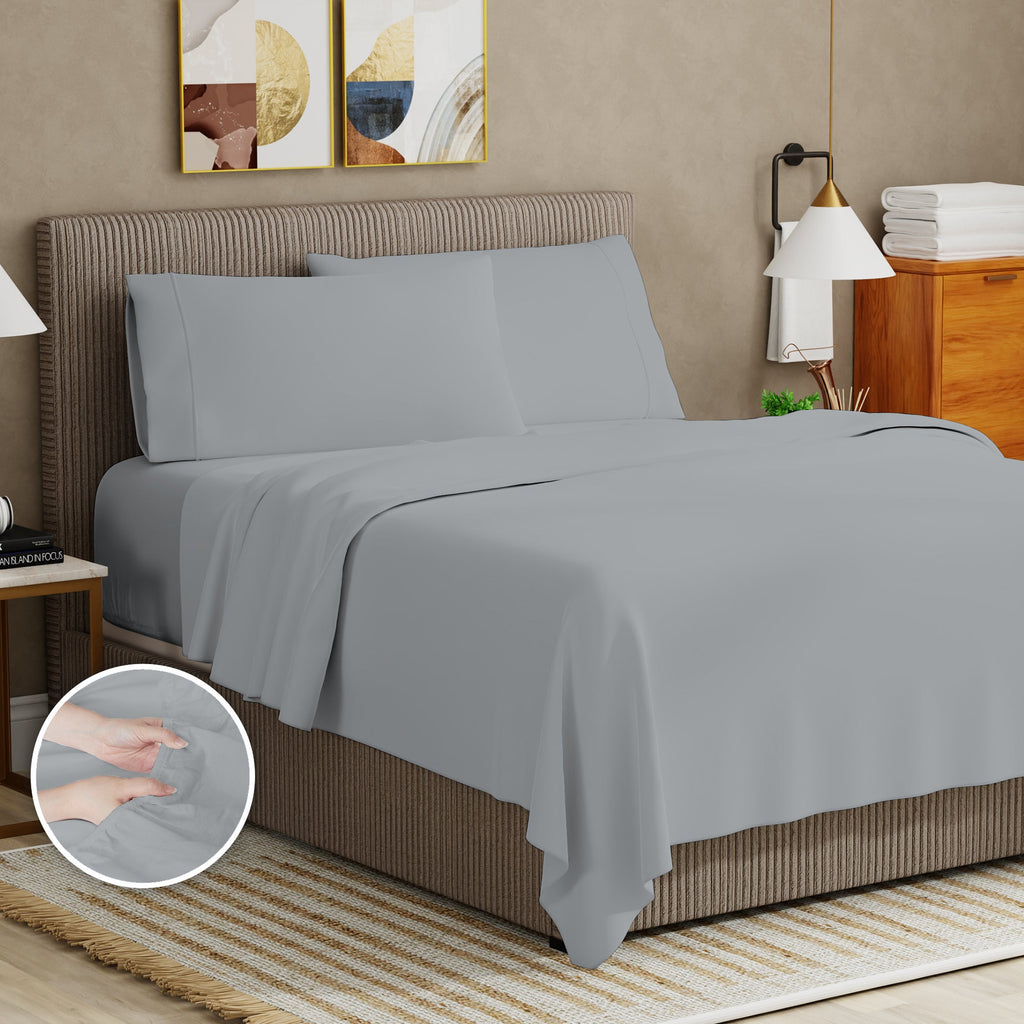 Breathable Luxury Soft Finish Microfiber Percale Queen Bed Sheet Set – 4-Piece Lightweight, Wrinkle-Resistant, Quick-Dry, Light Gray - Premium Ultra-Soft Pillowcase Pair for Sleeping Detail