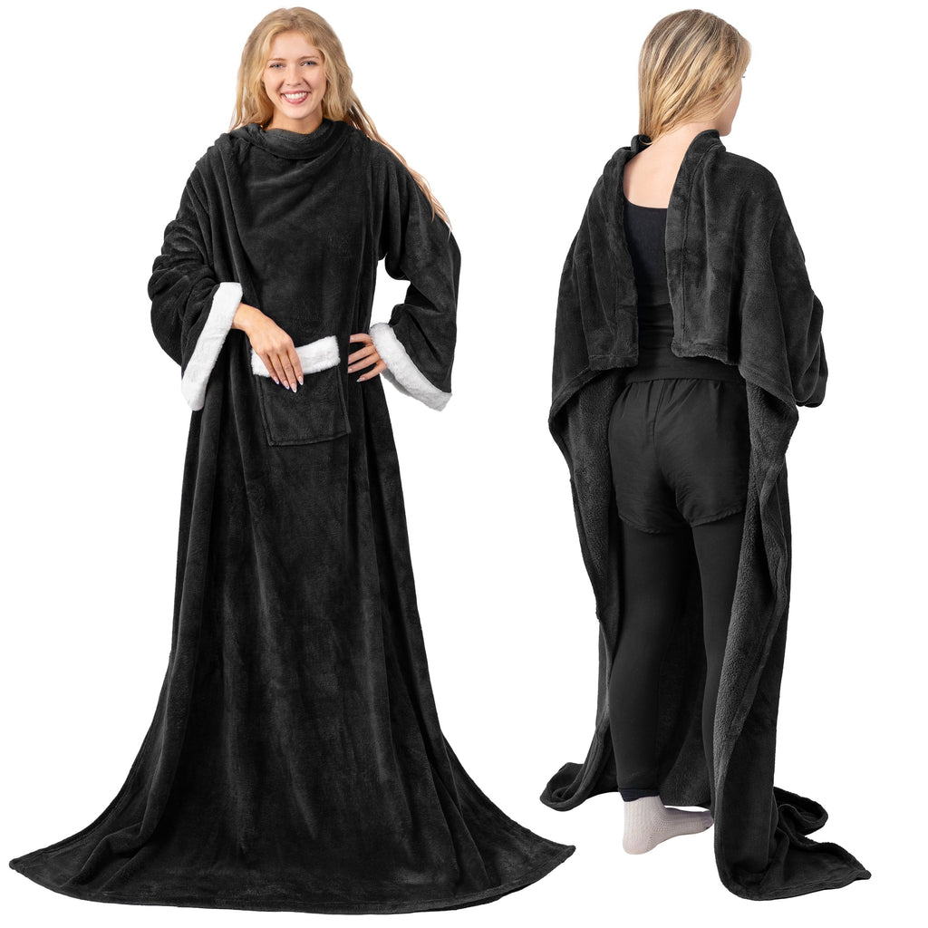 Reversible Sherpa Fleece Blanket with Sleeves for Women Men Adults, Wearable Blanket Warm Soft Plush, Snuggle Pocket Sleeved TV Throw W... - Cozy Fleece Throw Blanket for Couch & Bed Detail
