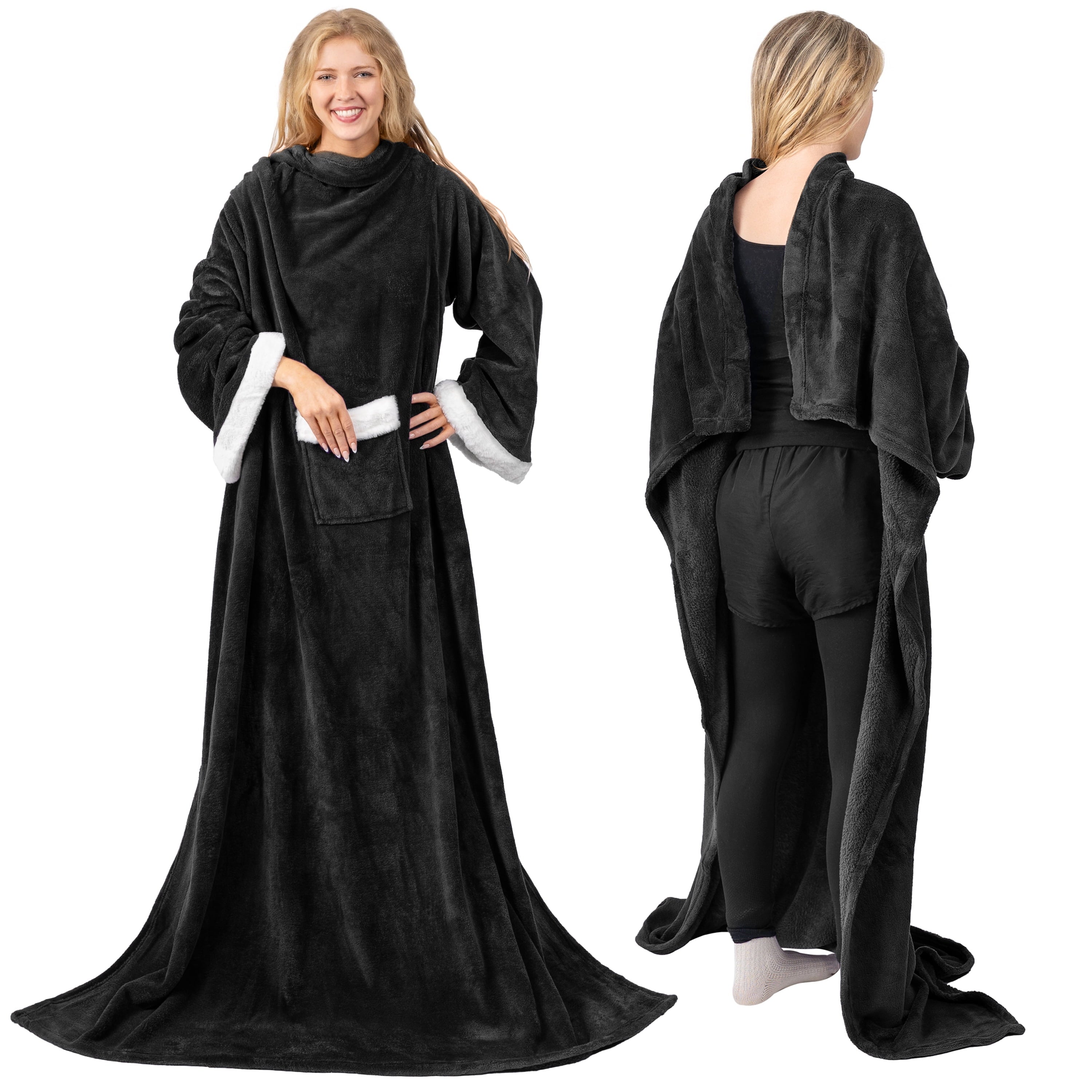 Reversible Sherpa Fleece Blanket with Sleeves for Women Men Adults, Wearable Blanket Warm Soft Plush, Snuggle Pocket Sleeved TV Throw W... - Cozy Fleece Throw Blanket for Couch & Bed Detail