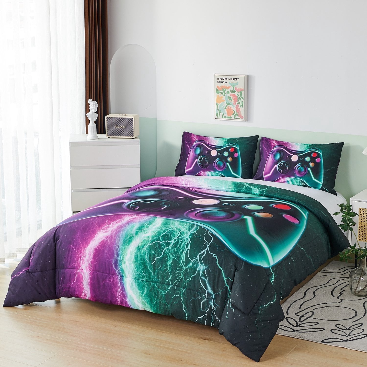 Luxurious Quilted Queen Size Gaming Comforter Set for Boys,3-Piece 3D Green Purple Lightning Game Controller Bedding Set for Kids Teens - Luxurious Quilted Duvet Cover Set Detail