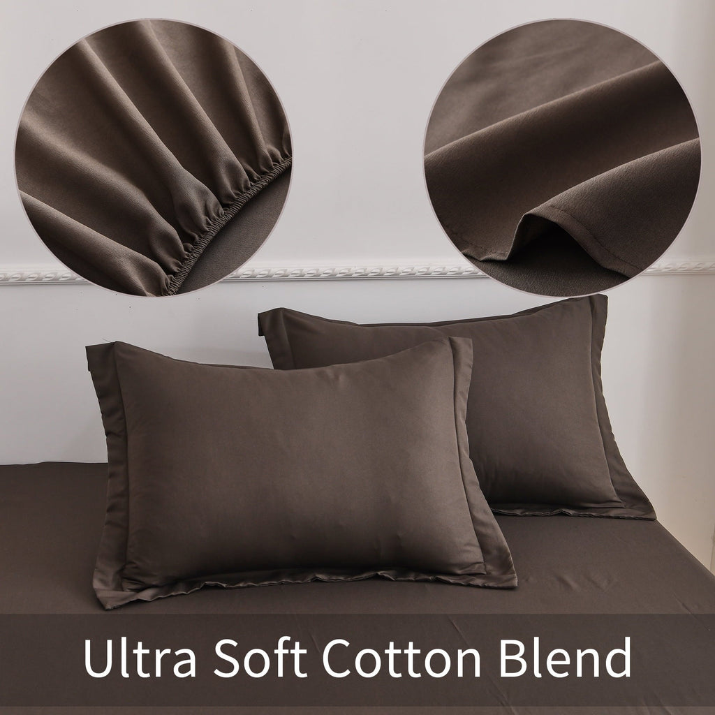 Wrinkle-Resistant Bed Sheets Set 4 Piece Queen/Full Sheet Set Brown Gray Cotton Blend Fitted Sheet, Flat Sheet & 2 Pillowcases Bedding Set - Breathable Egyptian Cotton Flat & Fitted Sheets Detail