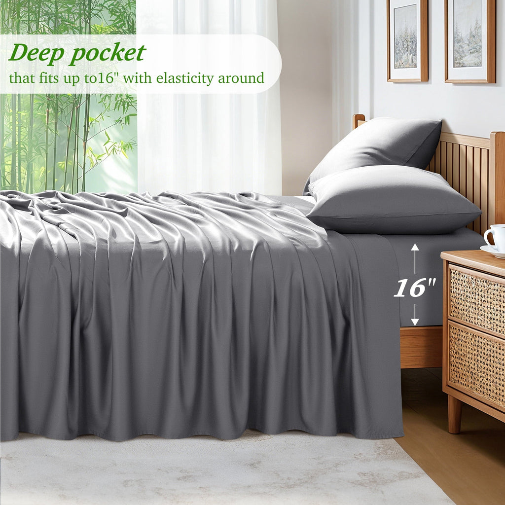 Breathable Luxury Bamboo Queen Sheet Set, Luxury Soft 4 Pieces Bed Sheets with 18" Deep Pocket, Gray - Breathable Egyptian Cotton Flat & Fitted Sheets Detail