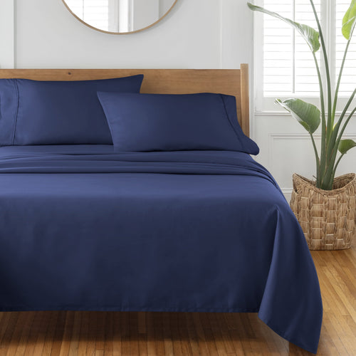 Breathable Luxury 4-Piece 300 Thread Count Blue Cove Cotton Sateen Bed Sheet Set, Queen - Cooling Hotel Quality Bedding Sheets and Pillowcases Detail