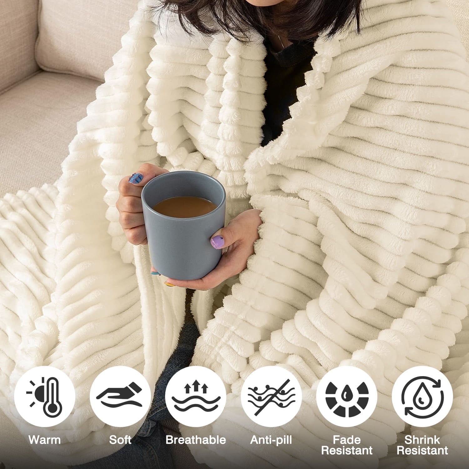 Decorative Knitted Throw Size Blanket for Couch, Sofa, Bed, Striped Beige Throw Blanket for Office Picnic Travel Bedroom, Super Soft War... - Cozy Fleece Throw Blanket for Couch & Bed Detail