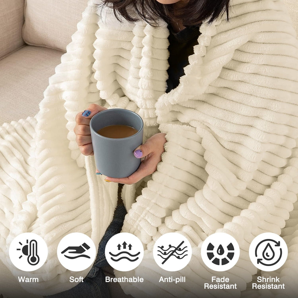 Reversible Sherpa Throw Size Blanket, Extra Soft Lightweight Bed Blanket with Strip , Plush Fuzzy Cozy Throws for Couch, Bed, Sofa Cozy... - Cozy Fleece Throw Blanket for Couch & Bed Detail