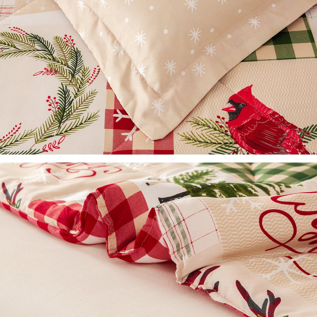 Fluffy Down Alternative 3 Pcs Christmas Comforter Set, Bed in a Bag Wreath Snowman Queen/Full Size Xmas Bedding Set Fitted Pillowcases for Adult - All-Season Down Alternative Comforter Insert Detail
