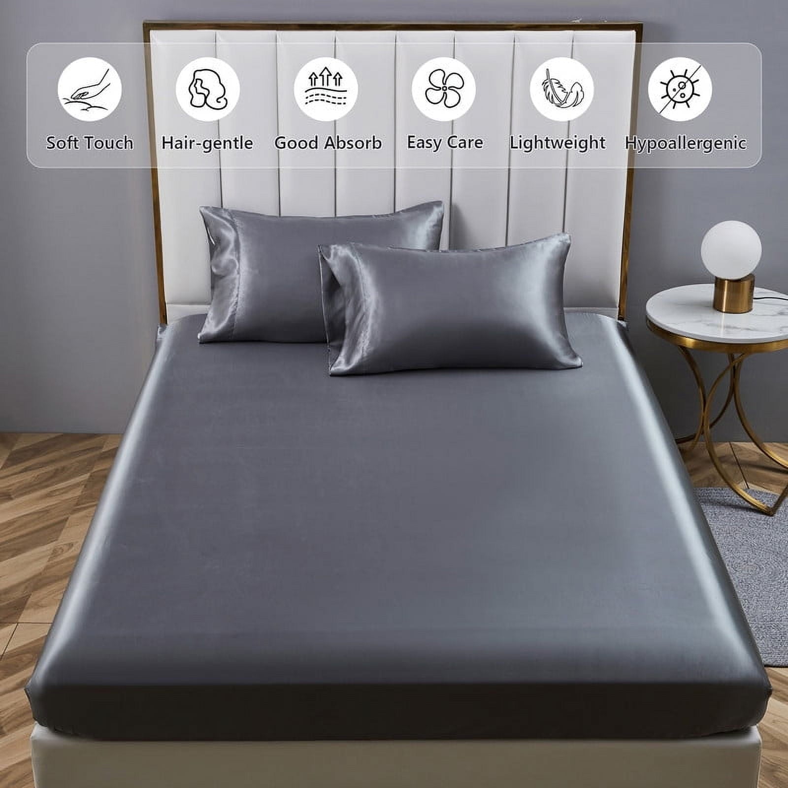 Breathable Luxury Luxury 5-Piece Satin Sheets Twin Silk Sheets Bed Sheet Set Ultra-Silky & Skin-Friendly Deep Pocket Bed Flat Fitted Sheet - Premium Ultra-Soft Pillowcase Pair for Sleeping Detail