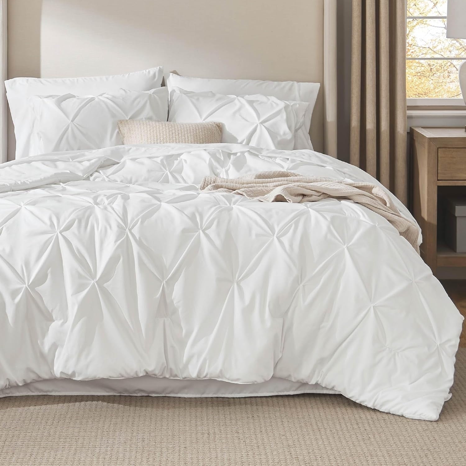 Heavyweight Warmth White Queen Comforter Set- 7 Pieces Pintuck Bedding Set with Comforters, Sheets, Pillowcases & Shams - Luxurious Quilted Duvet Cover Set Detail