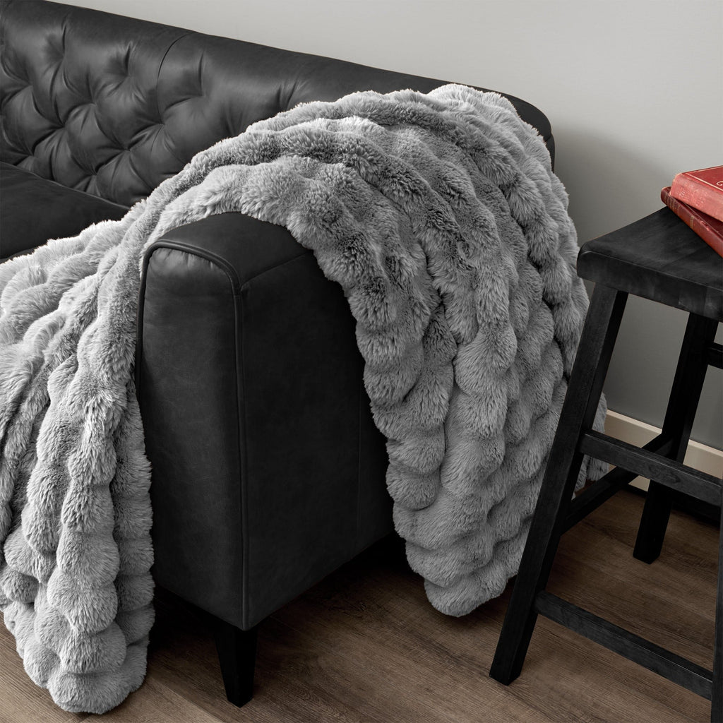 Decorative Knitted Serenade Gray Textured Faux Fur Throw Blanket, 50 x 70 - Lightweight Plush Warm Blanket for All Seasons Detail