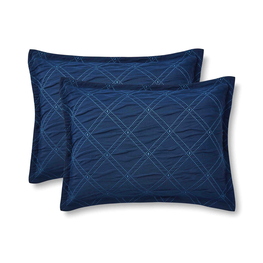 Fluffy Down Alternative 5-Piece Reversible Comforter Set Navy Cross Stitch Bedding with Decor Pillow and Throw, Full/Queen - Luxurious Quilted Duvet Cover Set Detail