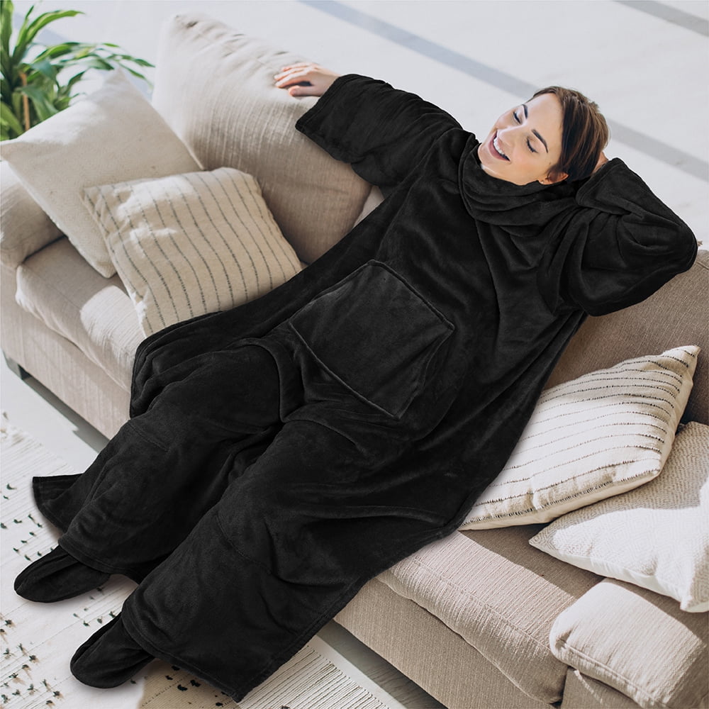 Decorative Knitted Fleece Blanket with Sleeves, Foot Pockets for Women Men Adults, Plush Wearable Blanket Throw Wrap, Warm Snuggle Blank... - Luxury Knitted Decorative Throw Blanket with Fringes Detail