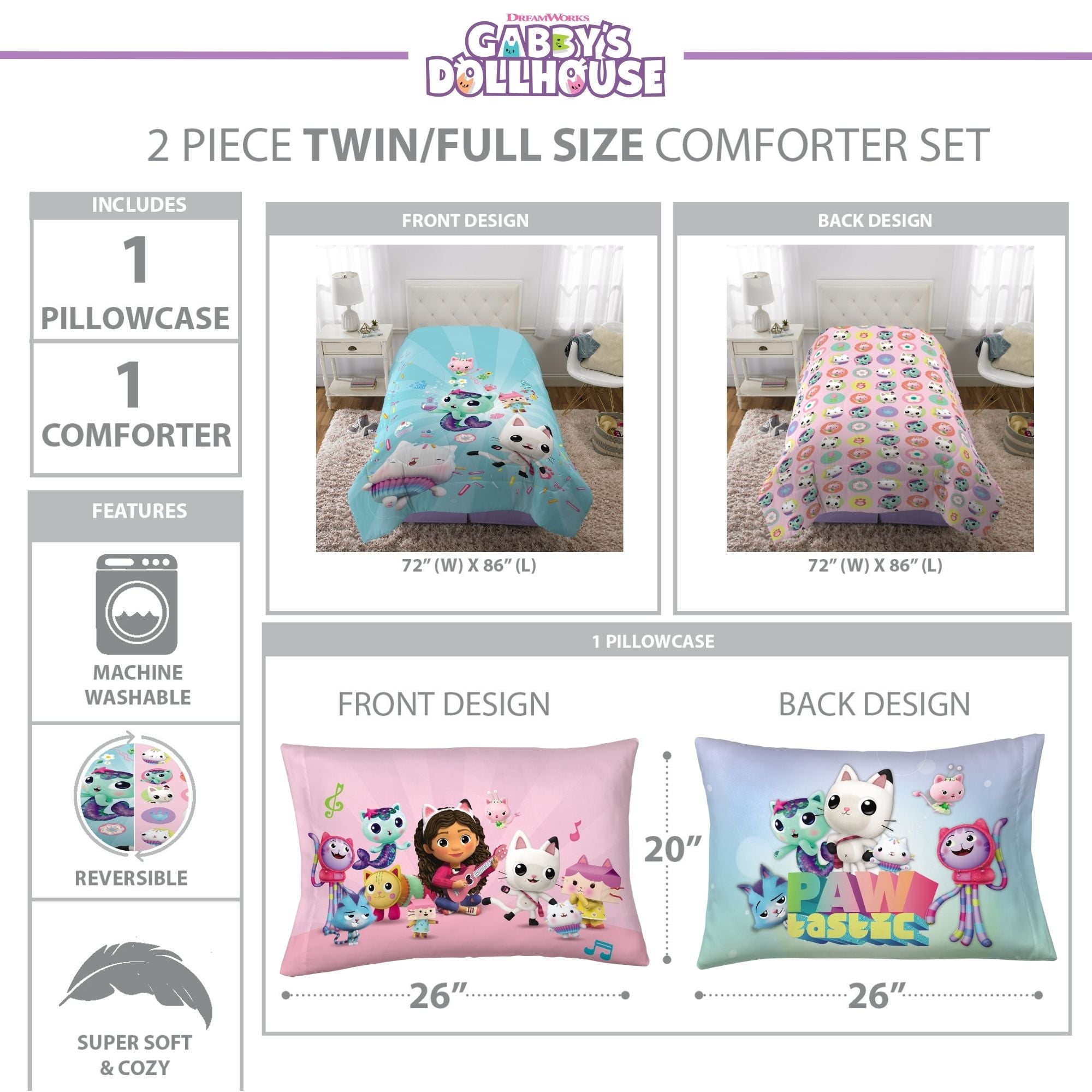 All-Season Gabby's Dollhouse Kids Comforter and Pillowcase, 2-Piece Set, Twin/Full, Reversible - Cloud-Like Soft Lightweight Bed Comforter Detail