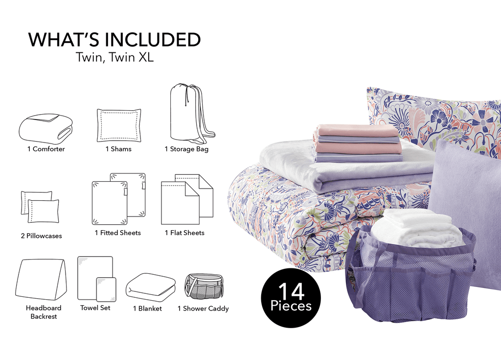 Hypoallergenic Cloud 14pc College Dorm Essentials Bundle, Twin-XL, Reversible Bed in a Bag Comforter Set, Purple Floral - Cloud-Like Soft Lightweight Bed Comforter Detail