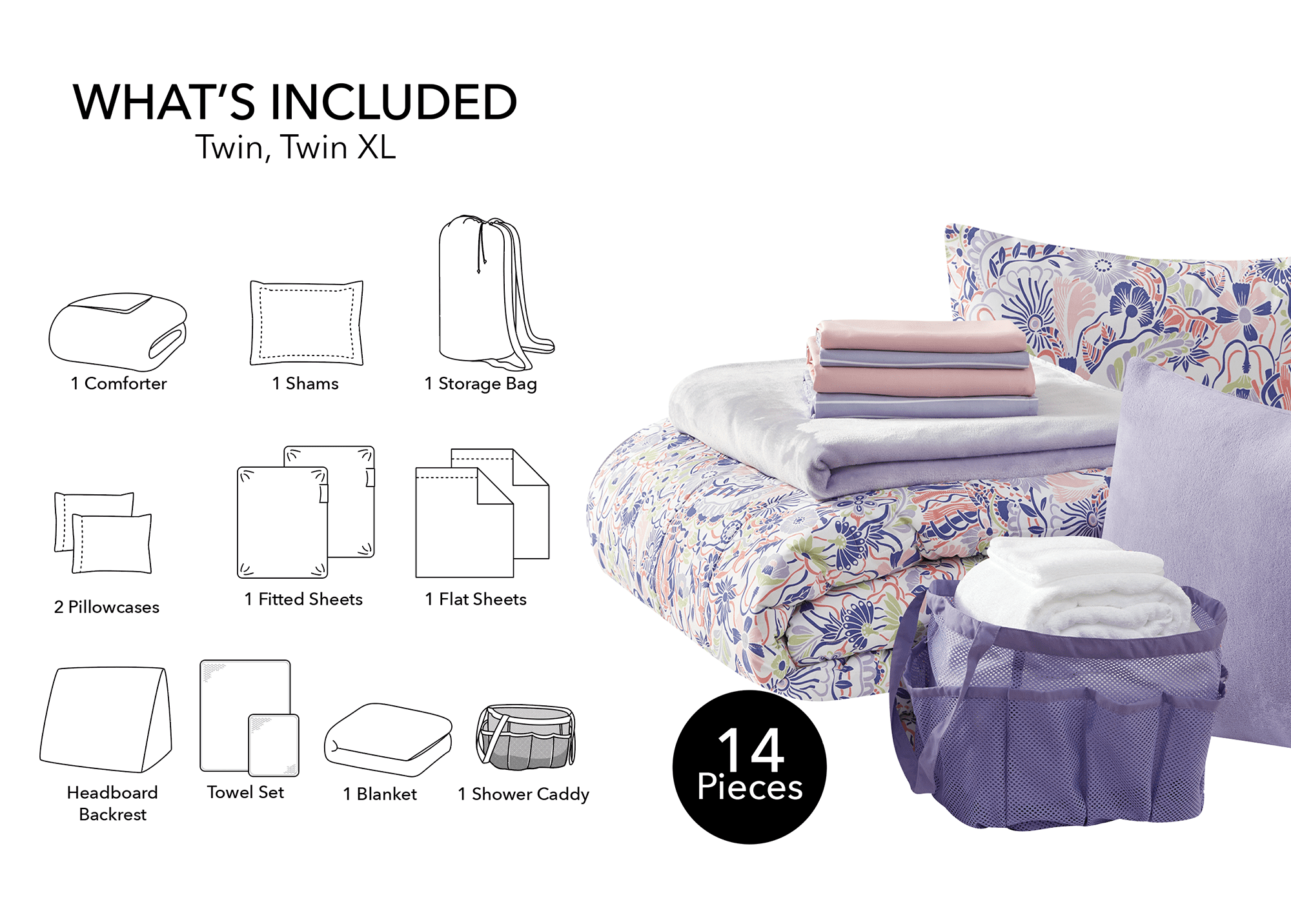 Hypoallergenic Cloud 14pc College Dorm Essentials Bundle, Twin-XL, Reversible Bed in a Bag Comforter Set, Purple Floral - Cloud-Like Soft Lightweight Bed Comforter Detail