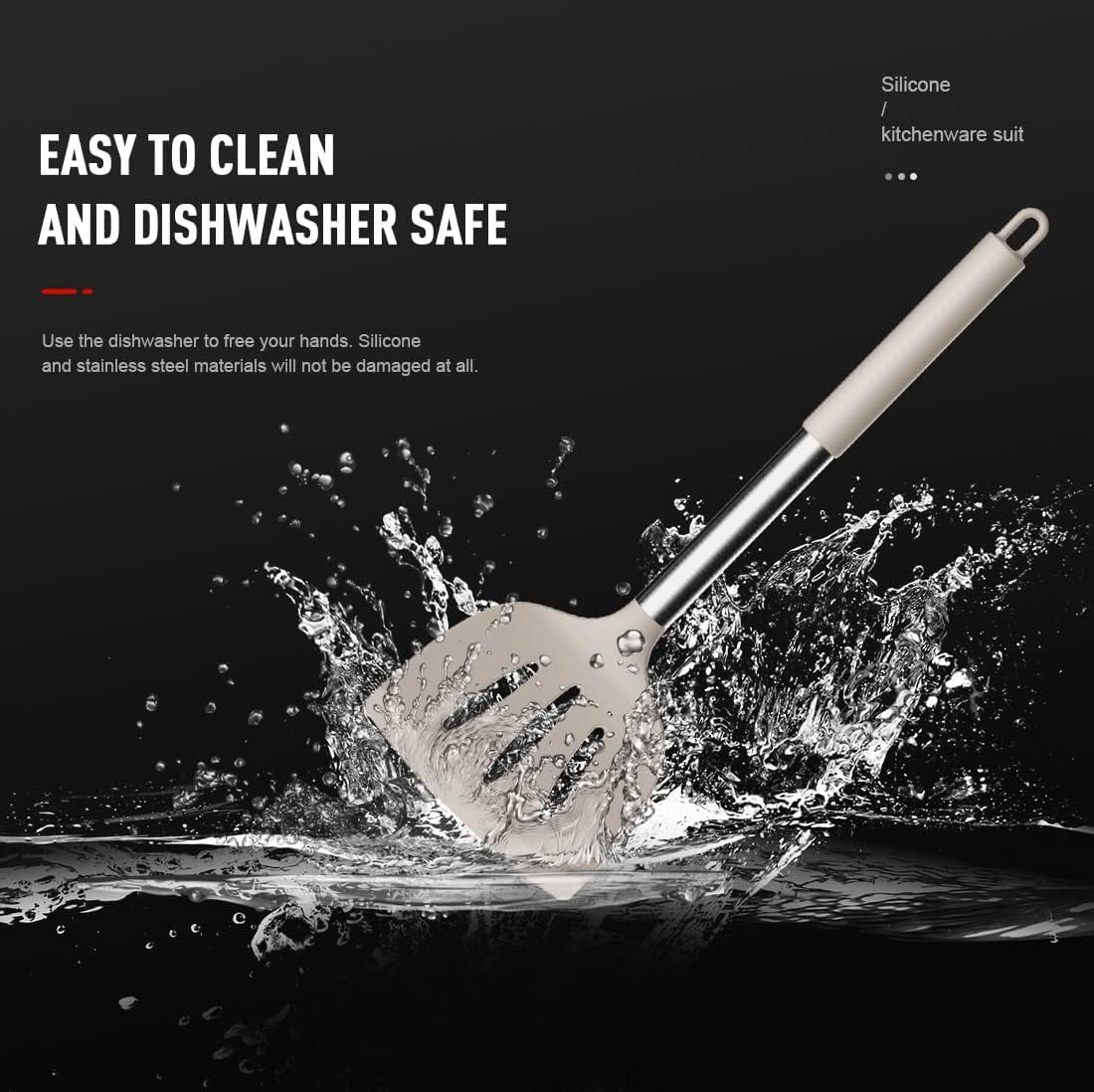 Non-Stick Safe Large Silicone Cooking Utensils Set - Heat Resistant Kitchen Utensils,Turner Tongs,Spatula,Spoon,Brush,Whisk,Stainles... - Premium Stainless Steel Cooking Utensil for Non-Stick Pots Detail