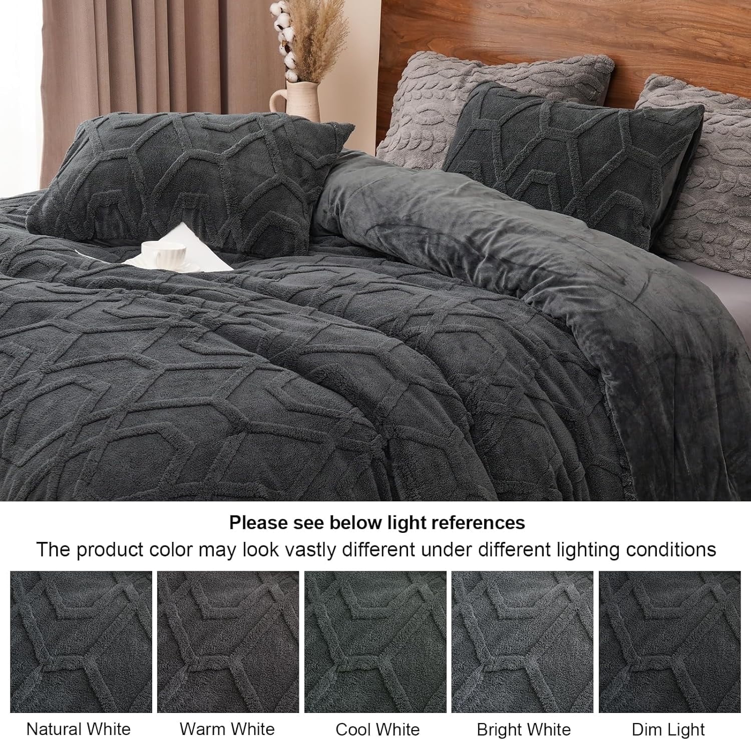 All-Season Warm Sherpa Fleece Queen Comforter Set, 3D Tufted Fluffy Dark Grey Bedding for Winter, Soft 3 Pieces Shaggy Bed Set, ... - All-Season Down Alternative Comforter Insert Detail