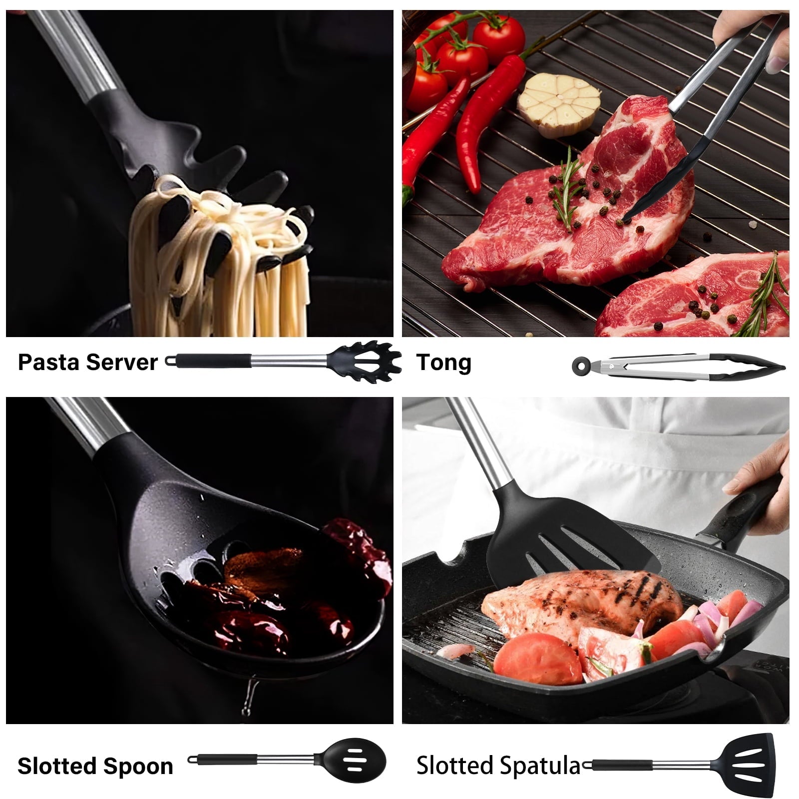 Heat-Resistant Silicone Cooking Utensils Set, 26 Pcs, Heat Resistant Kitchen Utensils Set, Black - Heat-Resistant Silicone Cooking Spatula Turner Detail