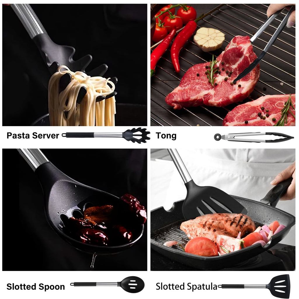 Heavy Duty Silicone Cooking Utensils Set, 26 Pcs, Heat Resistant Kitchen Utensils Set, Black - Professional Kitchen Tool for Culinary Enthusiasts Detail