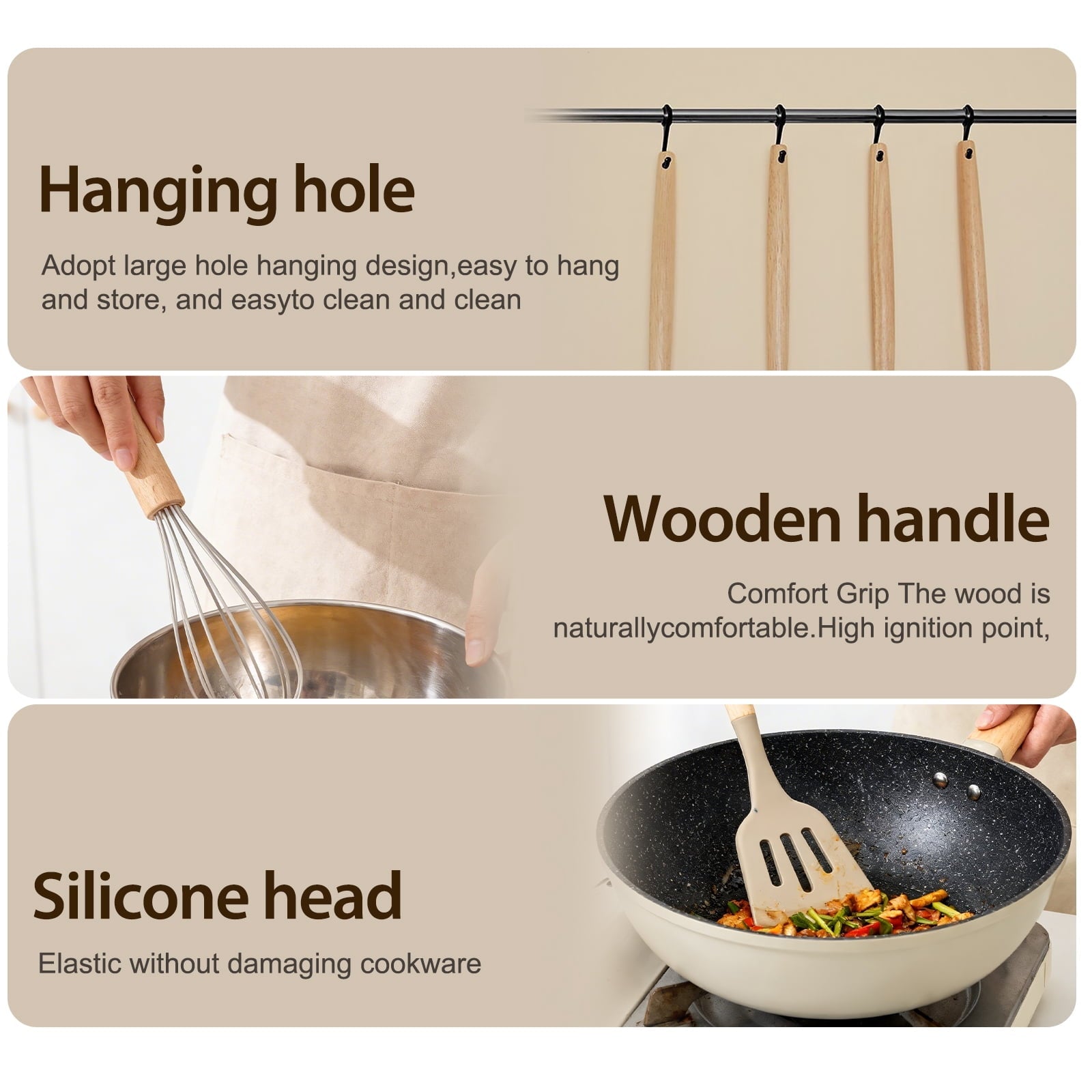 High-Precision Silicone Cooking Utensils Set, Heat Resistant Kitchen Tools, 36 PCS Non-Stick Silicone Cooking Kitchen Utensils, Khaki - High-Precision Culinary Tool for Baking & Cooking Detail