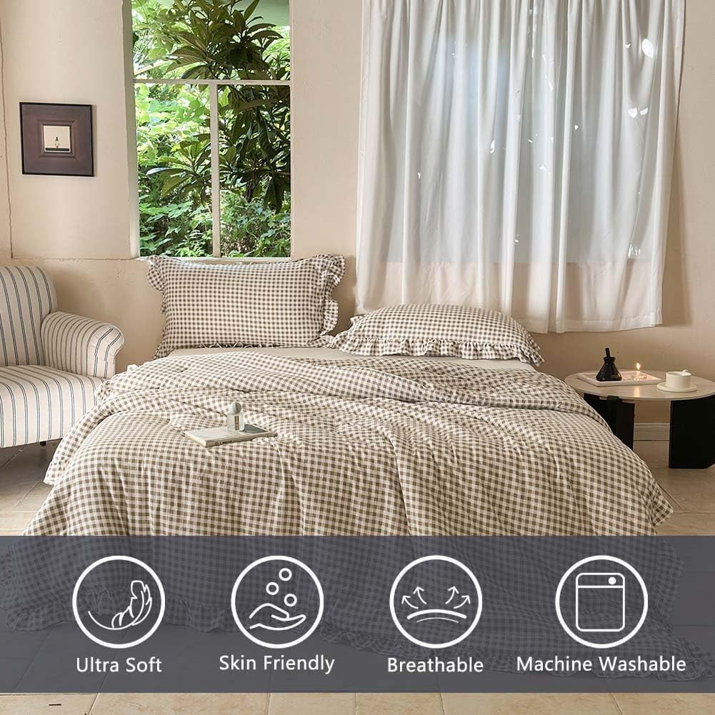 Hypoallergenic Cloud Tan Gingham Ruffle Queen Comforter Set, Taupe Ruffled Plaid Bedding Set, Ruffled Checked Bed Comforter 3 Pieces(Tan G... - All-Season Down Alternative Comforter Insert Detail