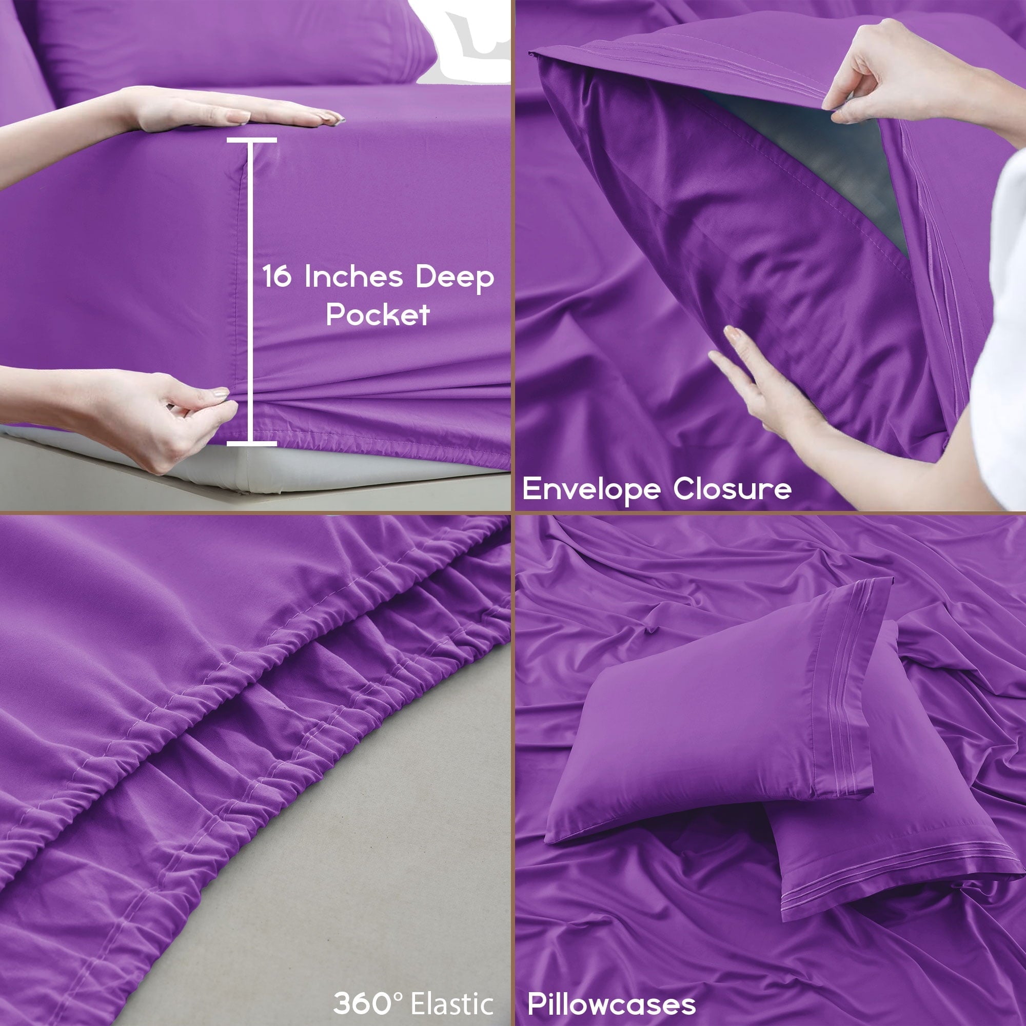 Cooling Sateen King Bed Sheets - 16 Inch Deep Pocket 6 Piece Microfiber Bedding Sheets & Pillowcase Sets - Purple - Luxury Bed Sheet Set with Deep Pockets Detail