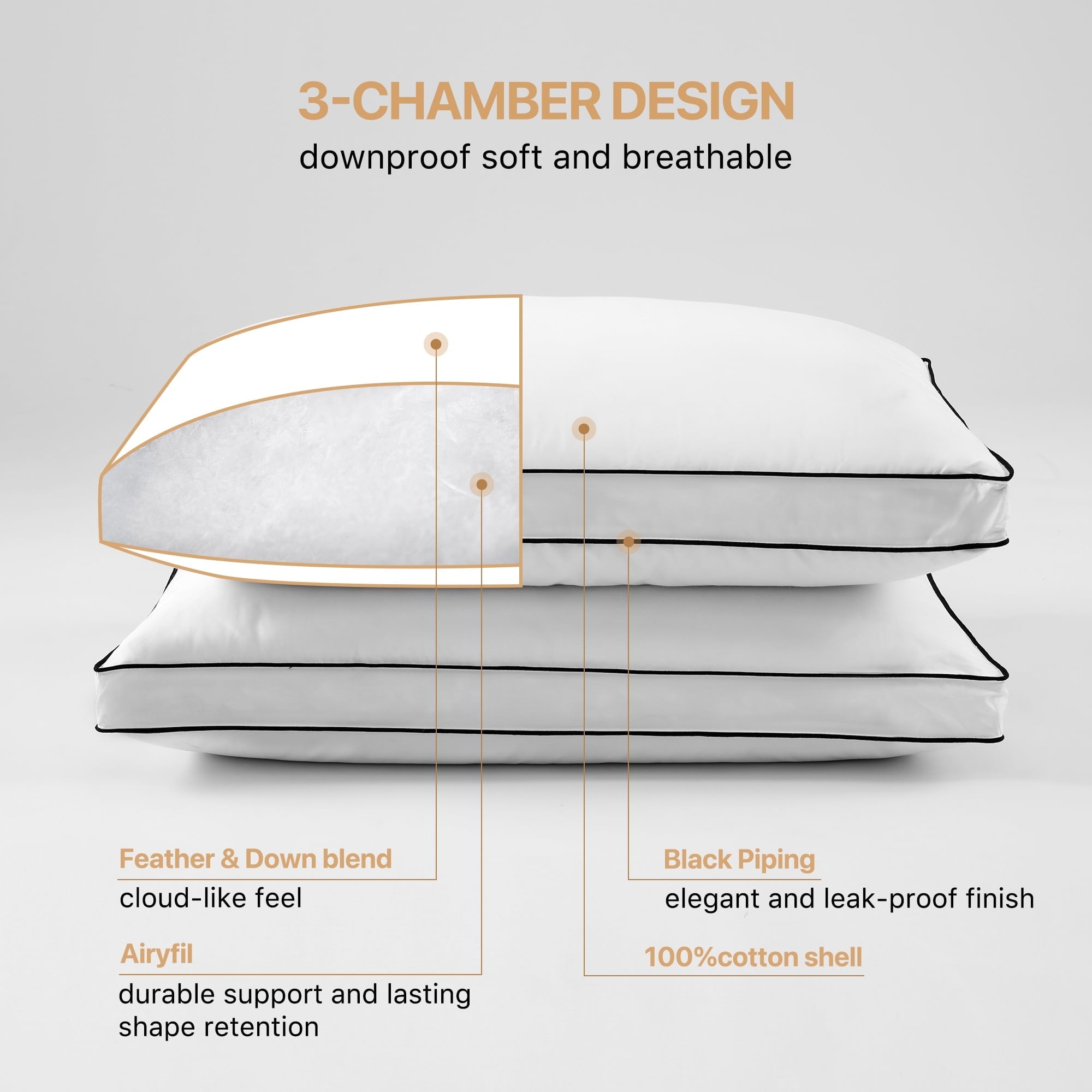 Ergonomic Memory Foam Gusseted Feather Down Pillow Set of 2, Medium Firm Hotel Bed Pillows 2 Pack, Queen Size for Side Sleepers, 20 x 30 in - Ergonomic Memory Foam Pillow for Neck Pain Support Detail