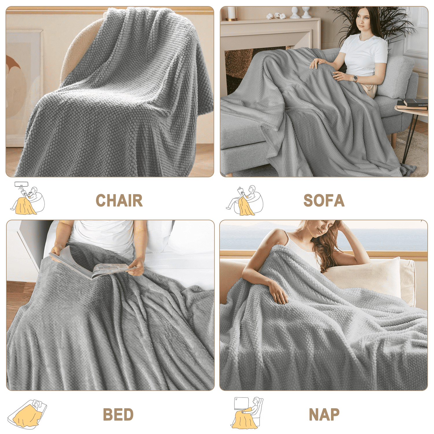 Cozy Fleece Throw Blanket, Decorative Throws with Waffle Wave Design, Super Soft Plush Fuzzy Blankets , Luxury Lightweight and Br... - Luxury Knitted Decorative Throw Blanket with Fringes Detail