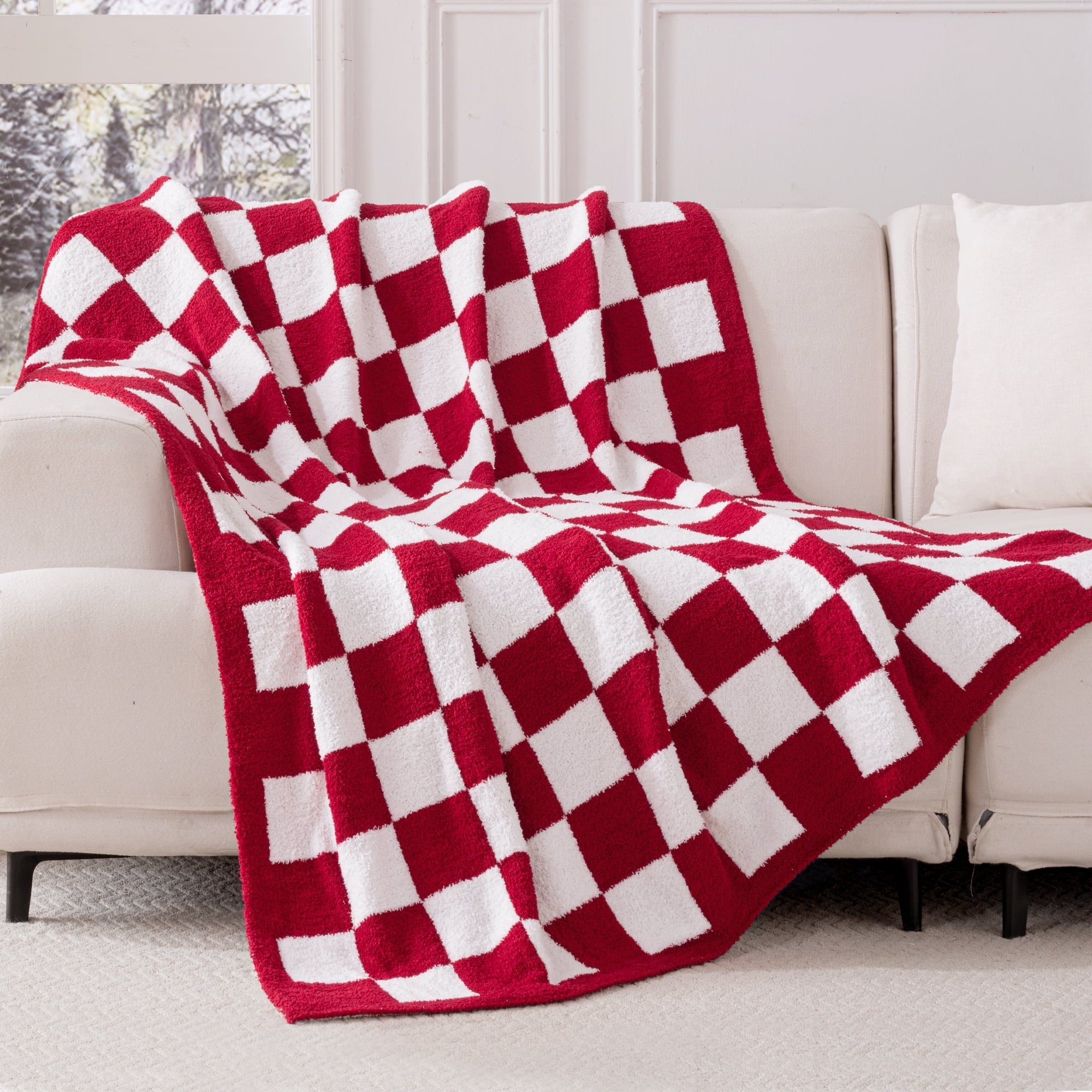 Reversible Sherpa Checkered Knit Throw Blanket, Ultra Soft Cozy Fluffy Checkerboard Blankets, Lightweight Fuzzy Plush Throw for Couch a... - Lightweight Plush Warm Blanket for All Seasons Detail