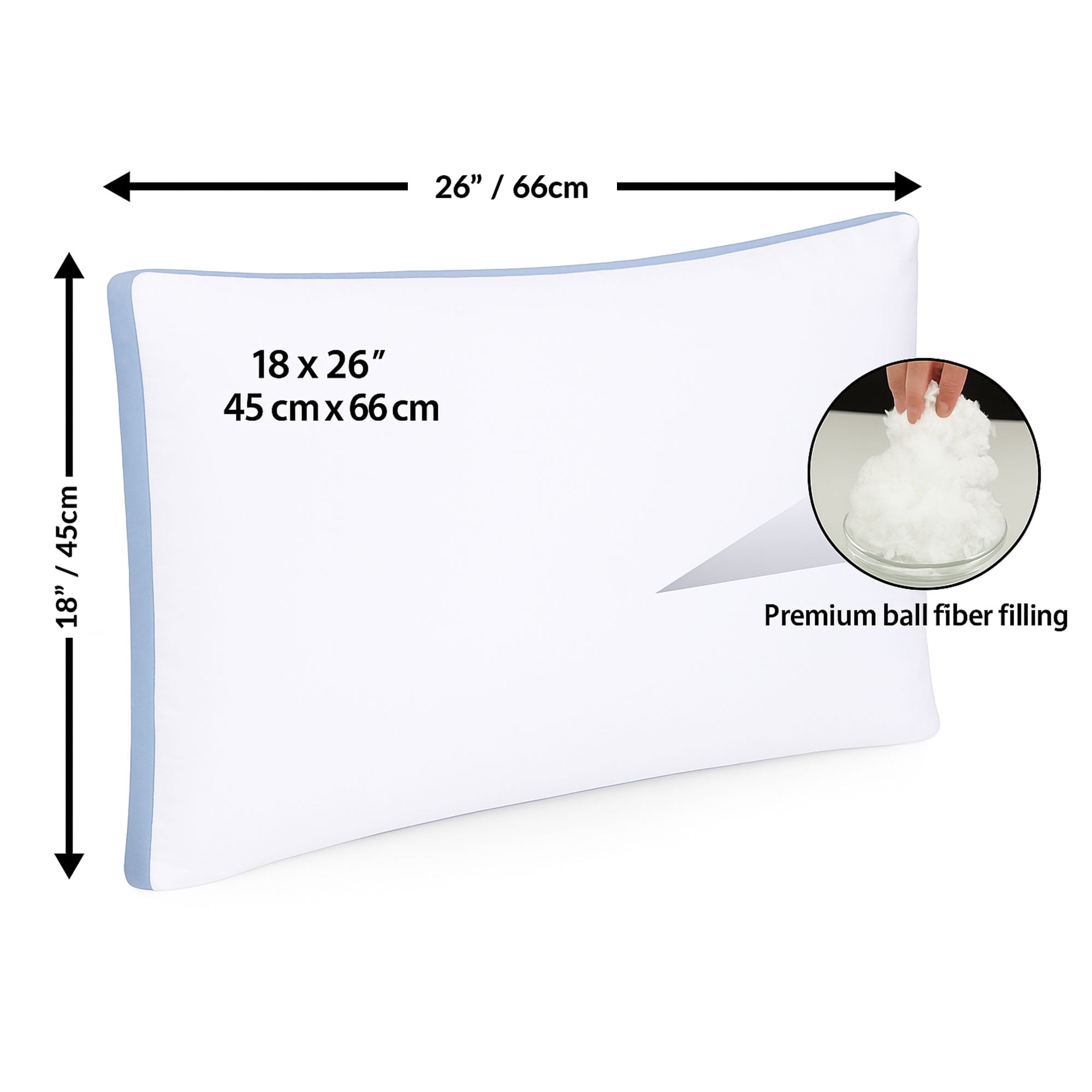 Decorative Plump Gusseted Queen 18x26 Bed Pillows for Sleeping Set of 2 Polycotton White Blue Stripe Comfortable - Hotel Quality Plush Sleeping Pillows Detail