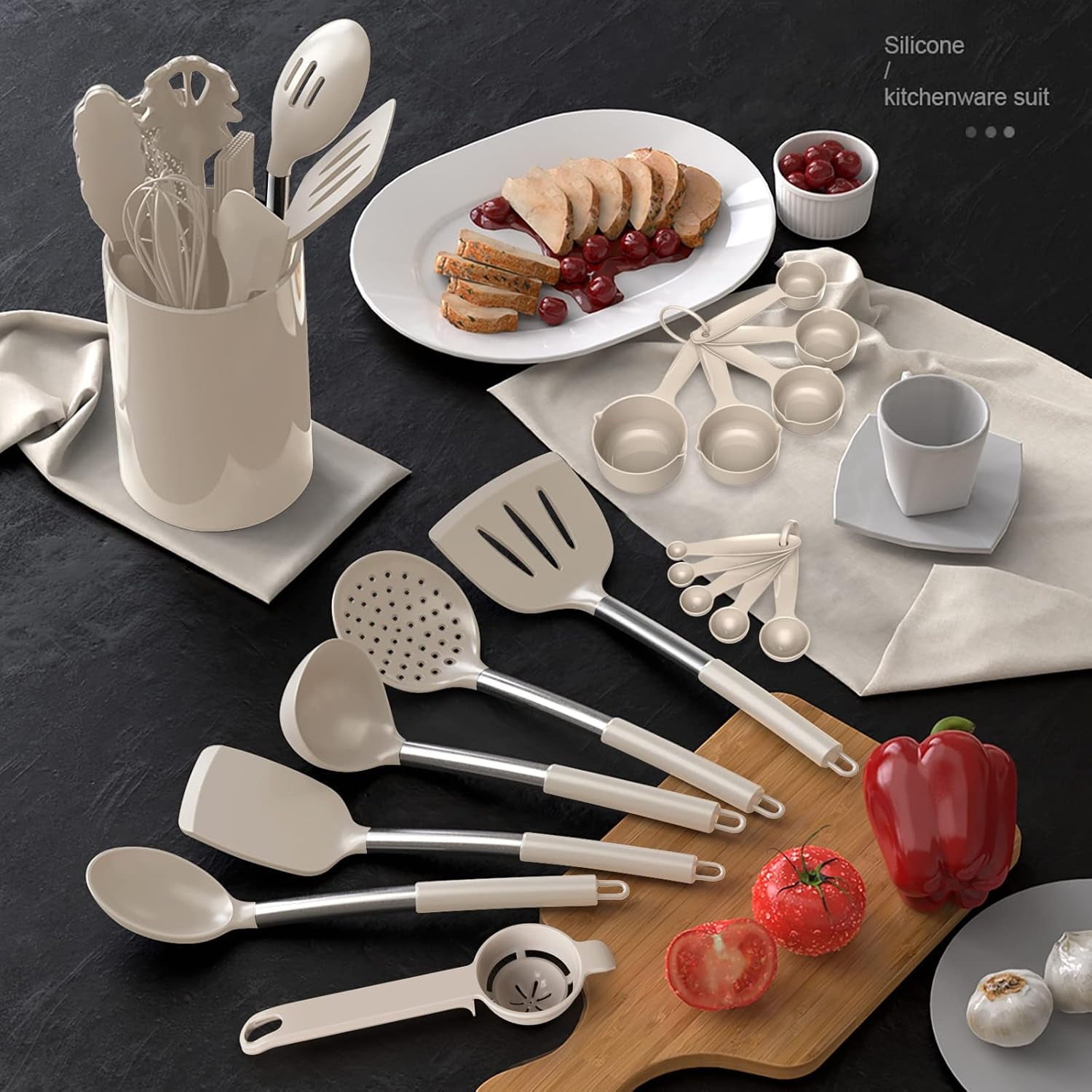 Non-Stick Safe Large Silicone Cooking Utensils Set - Heat Resistant Kitchen Utensils,Turner Tongs,Spatula,Spoon,Brush,Whisk,Stainles... - Premium Stainless Steel Cooking Utensil for Non-Stick Pots Detail