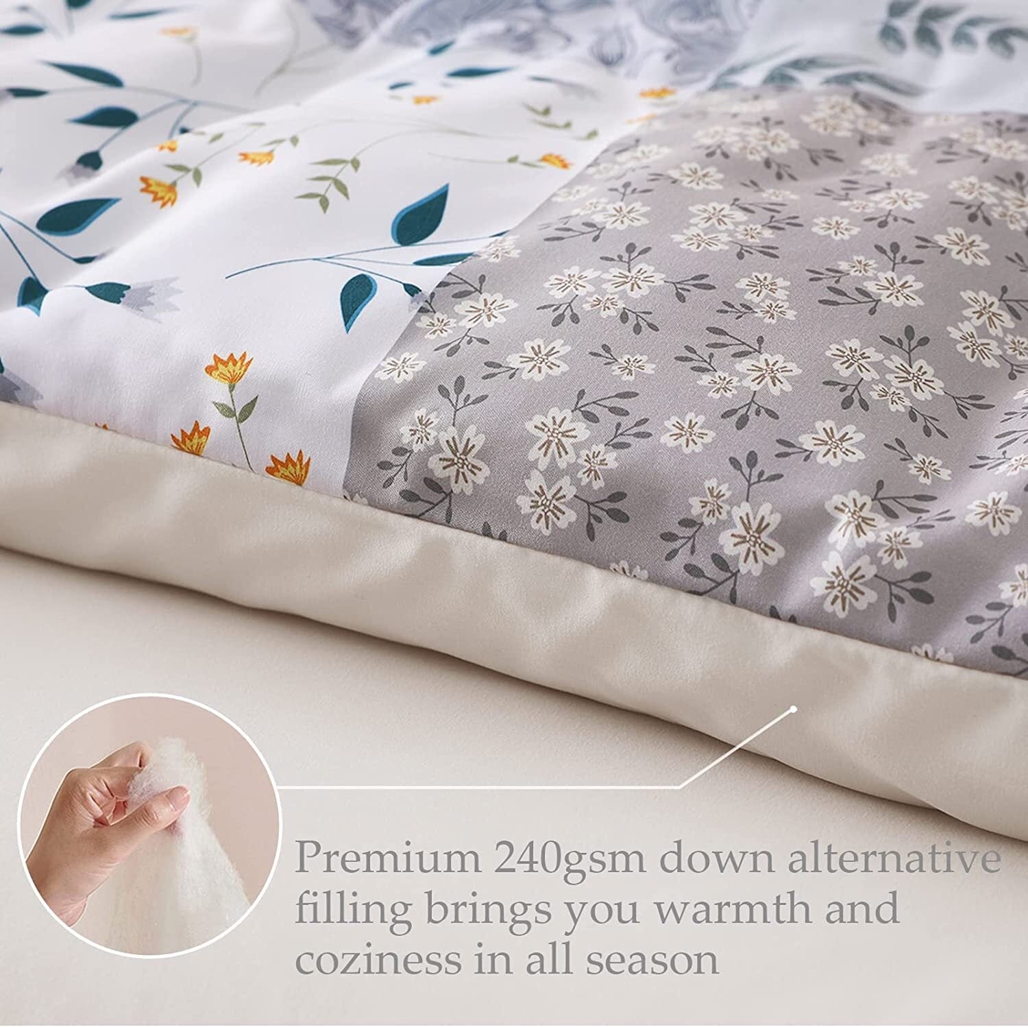 Luxurious Quilted 3-Piece Queen Comforter Set, Soft Reversible Bedding Comforter Sets, Patchwork Printed Down Alternative Comforter Duv... - Luxurious Quilted Duvet Cover Set Detail
