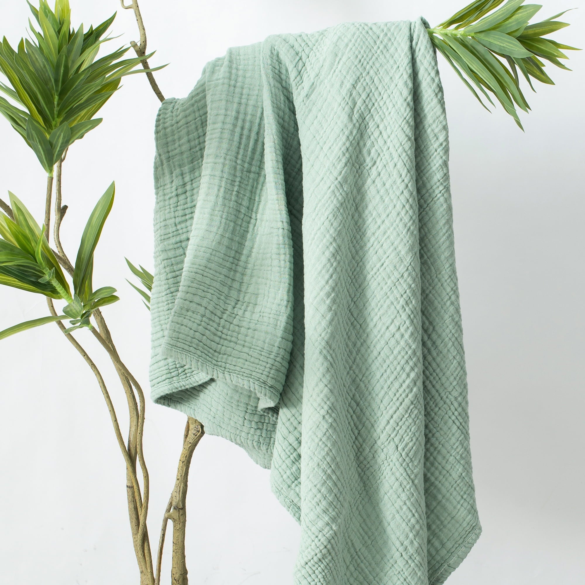 Lightweight Warm 100% Cotton Muslin Throw Blanket Gauze Blankets for Adults Soft Throws for Bed and Couch, 50" x 70" Sage Green - Luxury Knitted Decorative Throw Blanket with Fringes Detail