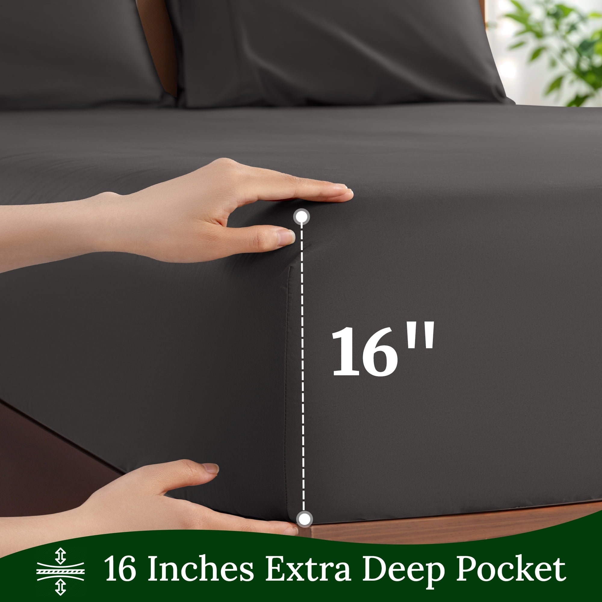 Wrinkle-Resistant 100% Cotton Bed Sheets Set, 1000 Thread Count 4 Piece Luxury Soft Sheets Set with 16" Deep Pocket, Queen, Dark Gray - Luxury Bed Sheet Set with Deep Pockets Detail