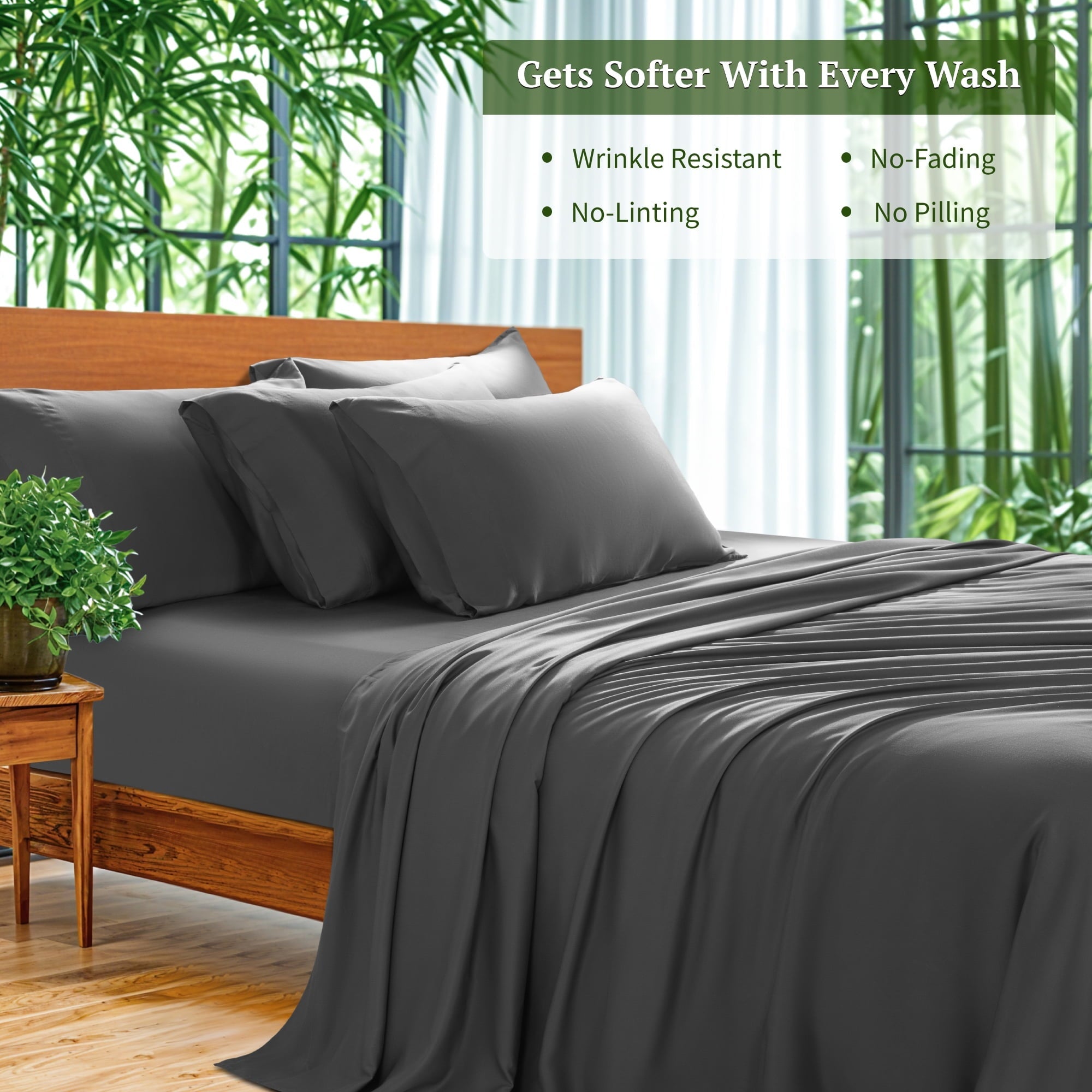 Premium Egyptian Cotton 6 Pieces Bamboo Bed Sheets Set, Luxury Rayon Derived - Deep Pockets - Wrinkle Free - Extremely Soft, Queen, Dark Gray - Premium Ultra-Soft Pillowcase Pair for Sleeping Detail