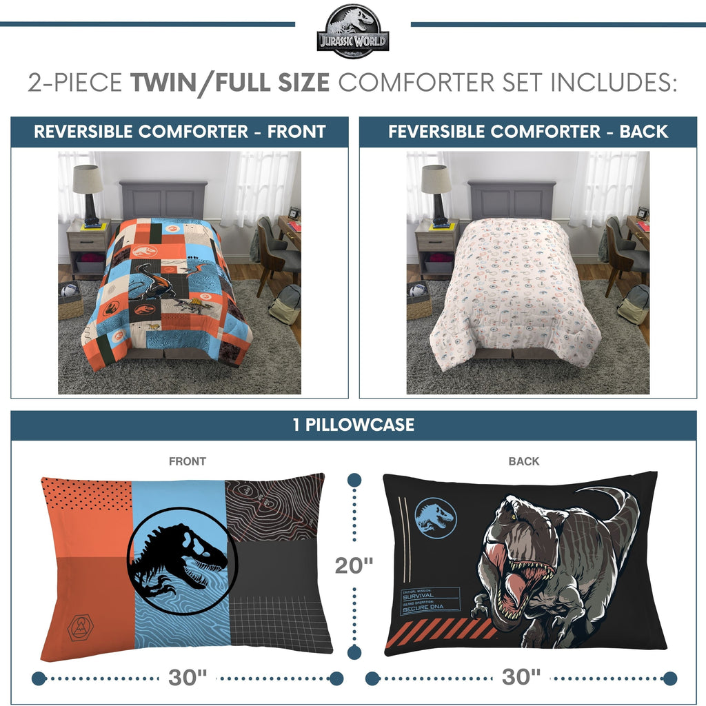 All-Season Kids 2 Piece Blue Orange Reversible Dinosaur Comforter and Pillowcase set, Twin/full - Cloud-Like Soft Lightweight Bed Comforter Detail