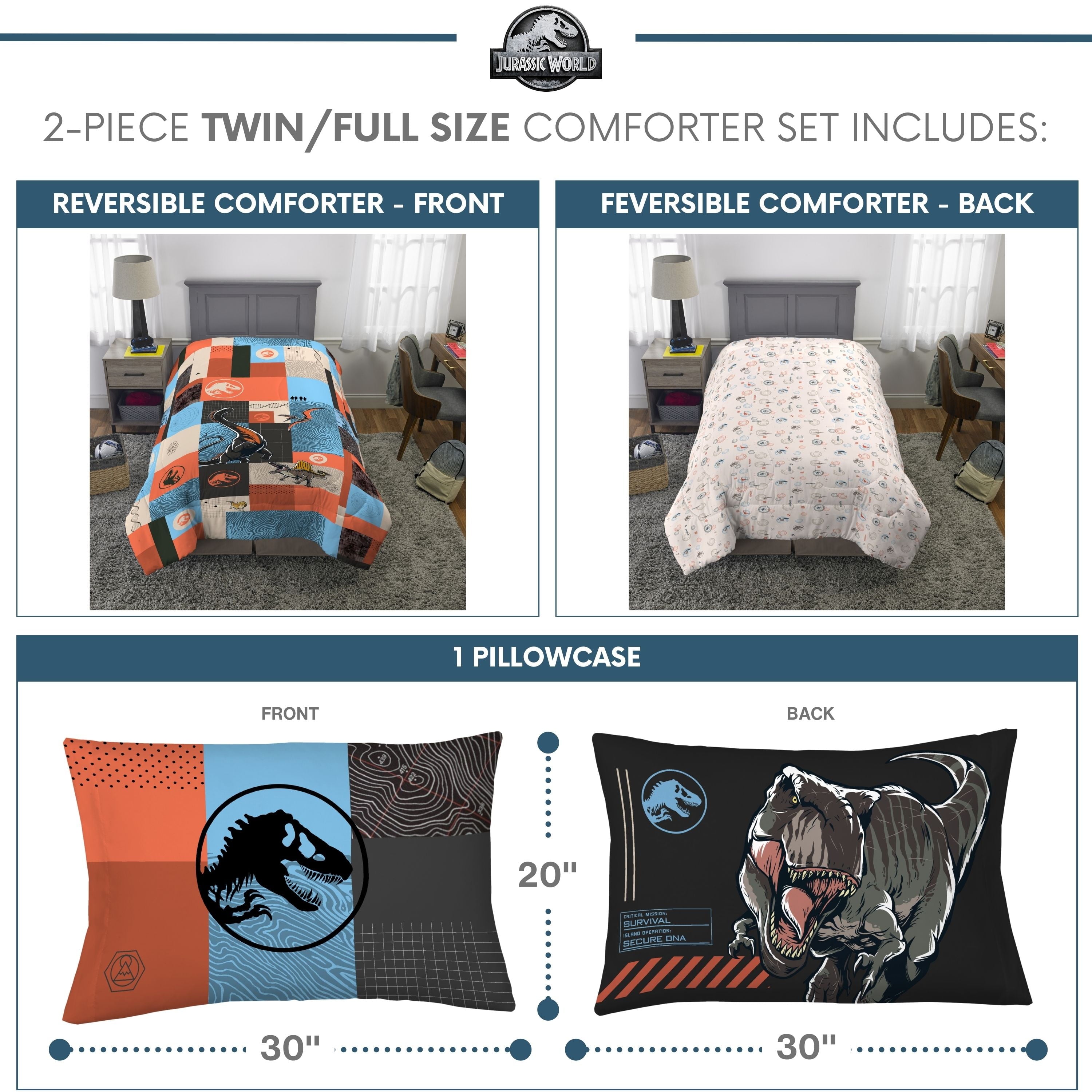 All-Season Kids 2 Piece Blue Orange Reversible Dinosaur Comforter and Pillowcase set, Twin/full - Cloud-Like Soft Lightweight Bed Comforter Detail