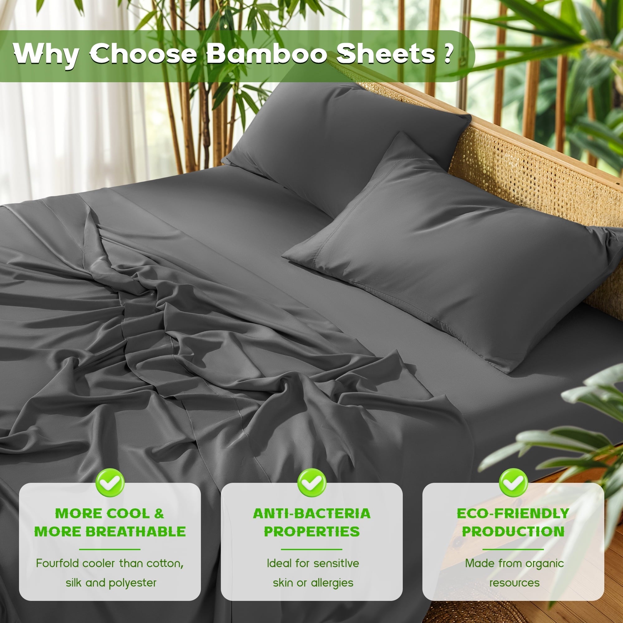 Cooling Sateen Luxury Bamboo Bed Sheet Set - Deep Pockets - 4 Piece, Queen, Dark Gray - Luxury Bed Sheet Set with Deep Pockets Detail