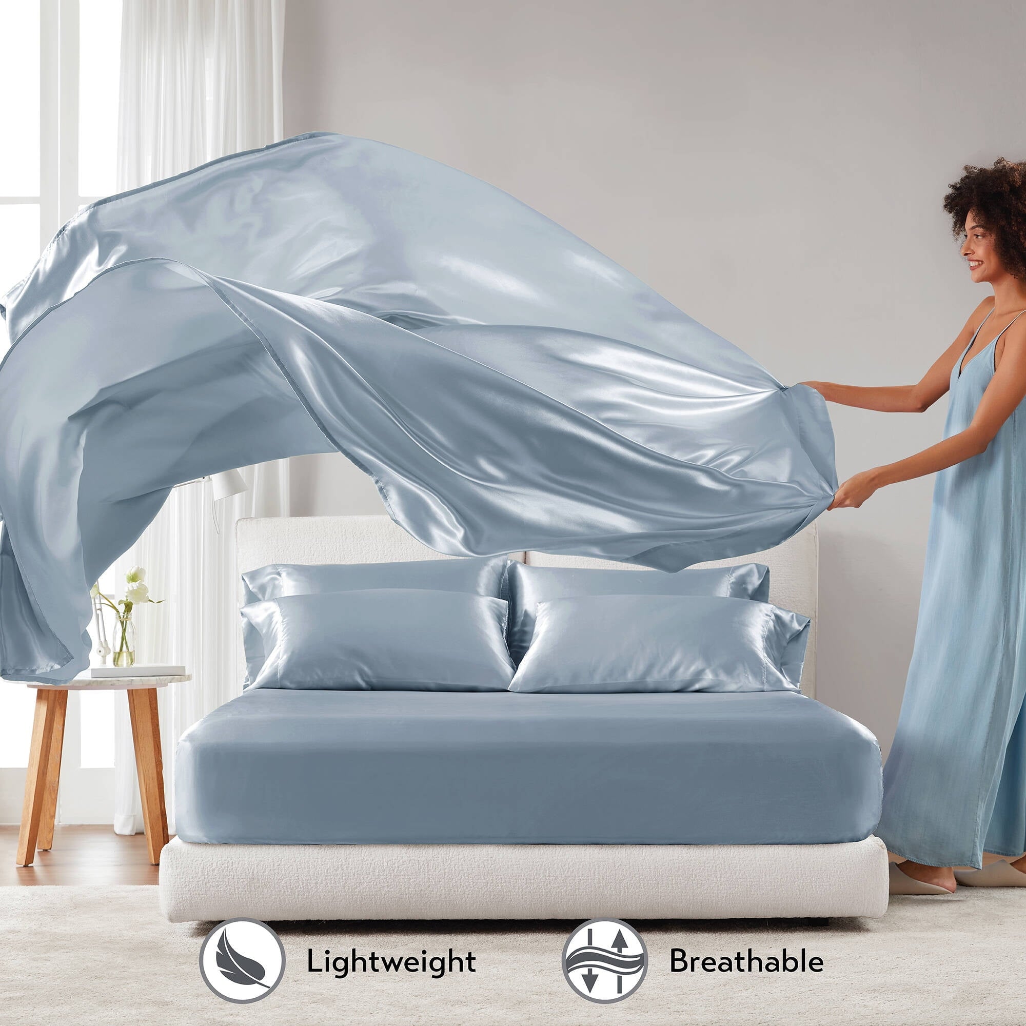 Cooling Sateen Satin Sheet Set, Twin Bed Sheets with Pillowcases, 4-Piece Luxury Silky Sheet Set, Blue, Gifts for Women - Breathable Egyptian Cotton Flat & Fitted Sheets Detail