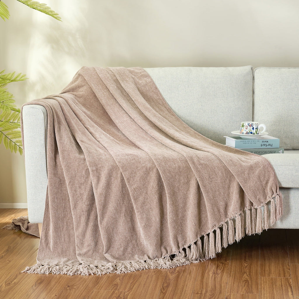 Reversible Sherpa Chenille Throw Blanket with Fringe Tassel for Couch Sofa Chair Bed, Taupe 50" X 60" - Lightweight Plush Warm Blanket for All Seasons Detail