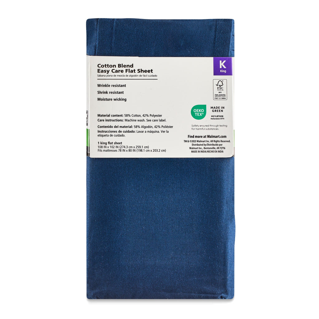 Wrinkle-Resistant 300 Thread Count Easy Care Blue Cove Cotton Blend Percale Flat Bed Sheet, King - Breathable Egyptian Cotton Flat & Fitted Sheets Detail