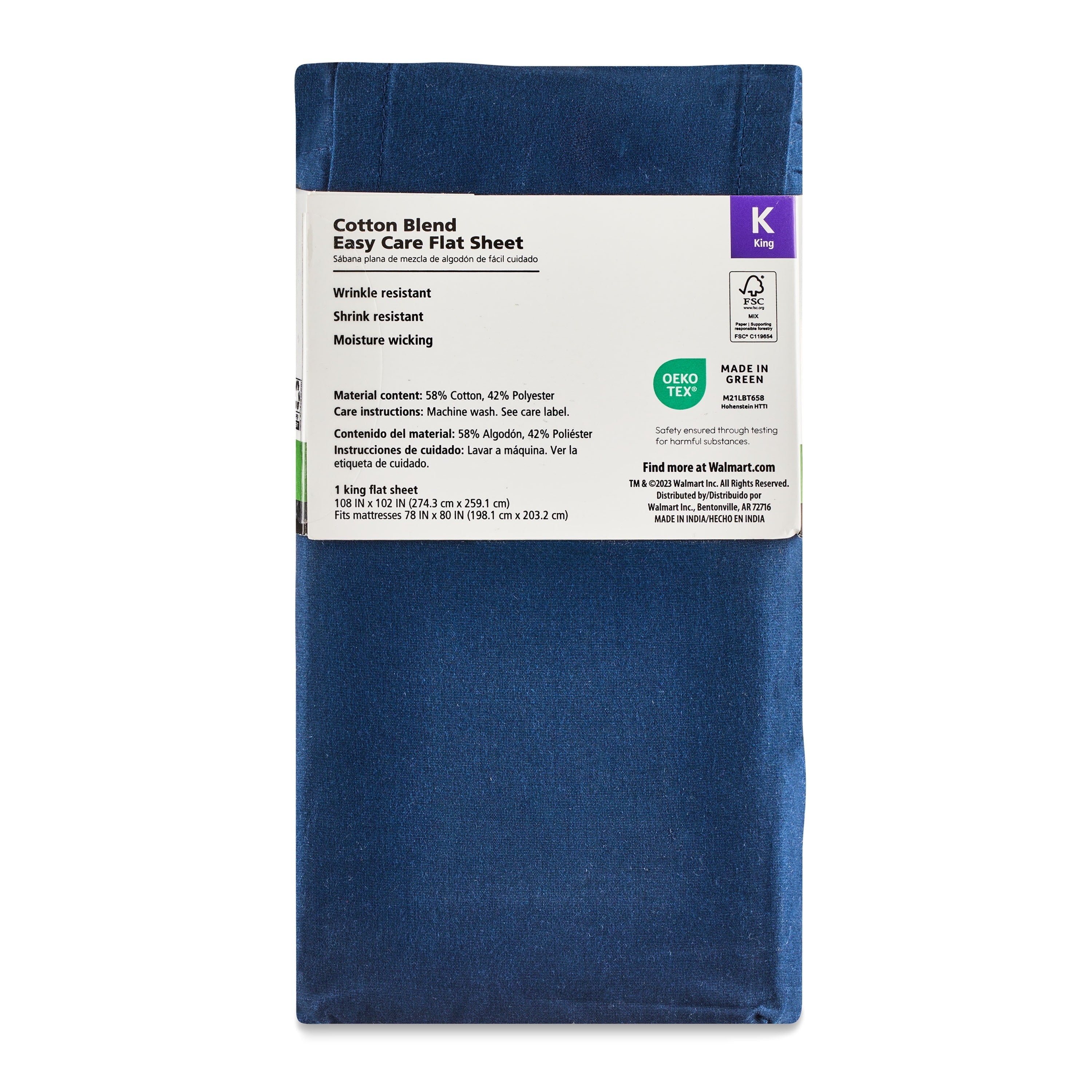 Wrinkle-Resistant 300 Thread Count Easy Care Blue Cove Cotton Blend Percale Flat Bed Sheet, King - Breathable Egyptian Cotton Flat & Fitted Sheets Detail