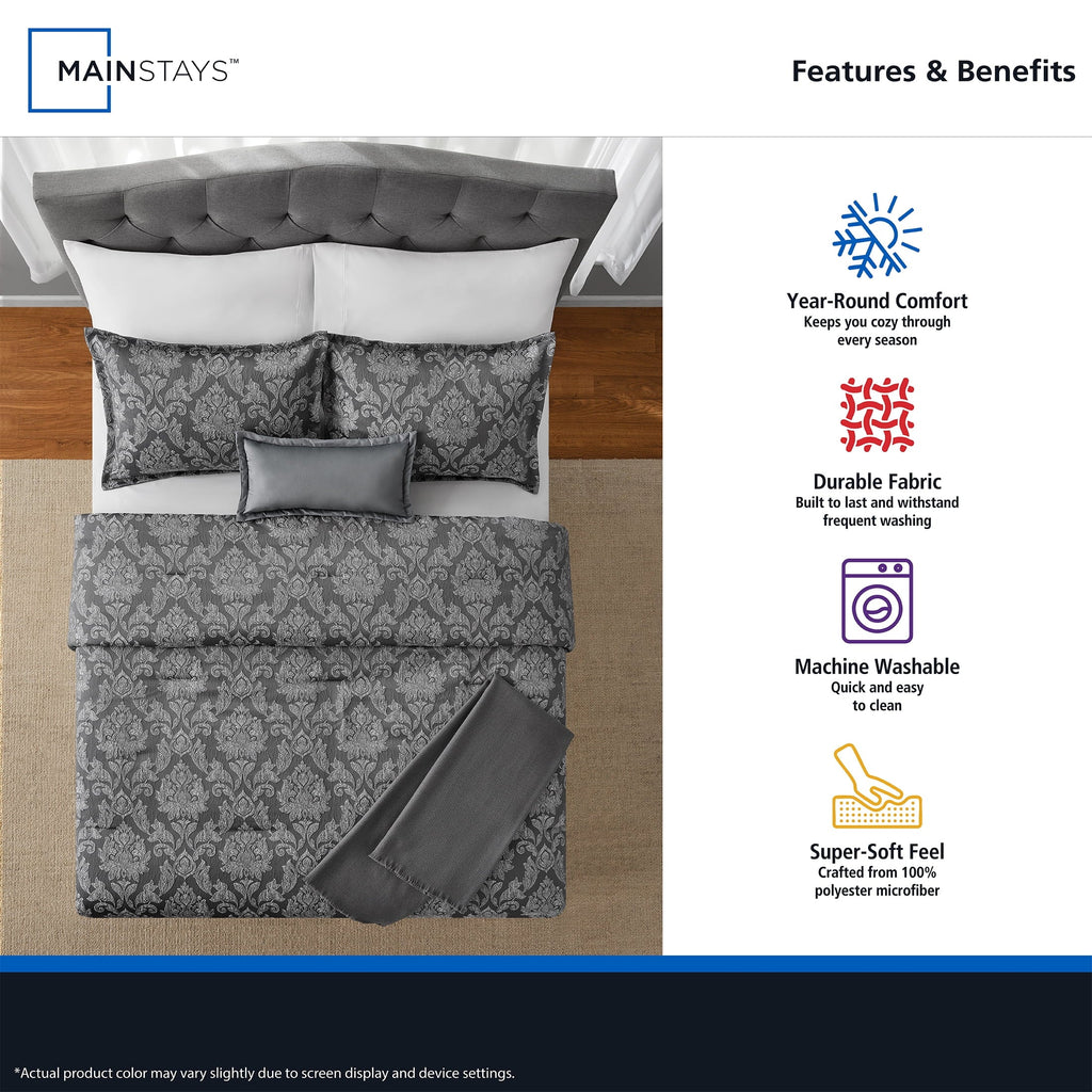 Hypoallergenic Cloud Full/Queen Comforter Set, All-Season, 5-Piece, Grey Jacquard Damask - Hypoallergenic Ultra-Fluffy Quilt for Winter Detail