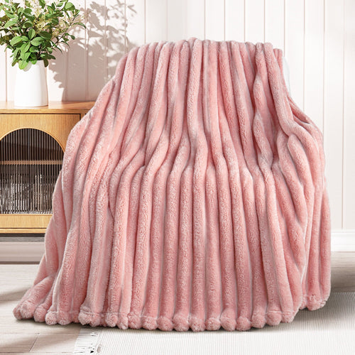 Decorative Knitted Fleece Throw Blanket for Couch, Super Soft 3D Striped Jacquard Blanket, Lightweight Fuzzy Cozy Blankets, Pink, 50"x60" - Luxury Knitted Decorative Throw Blanket with Fringes Detail